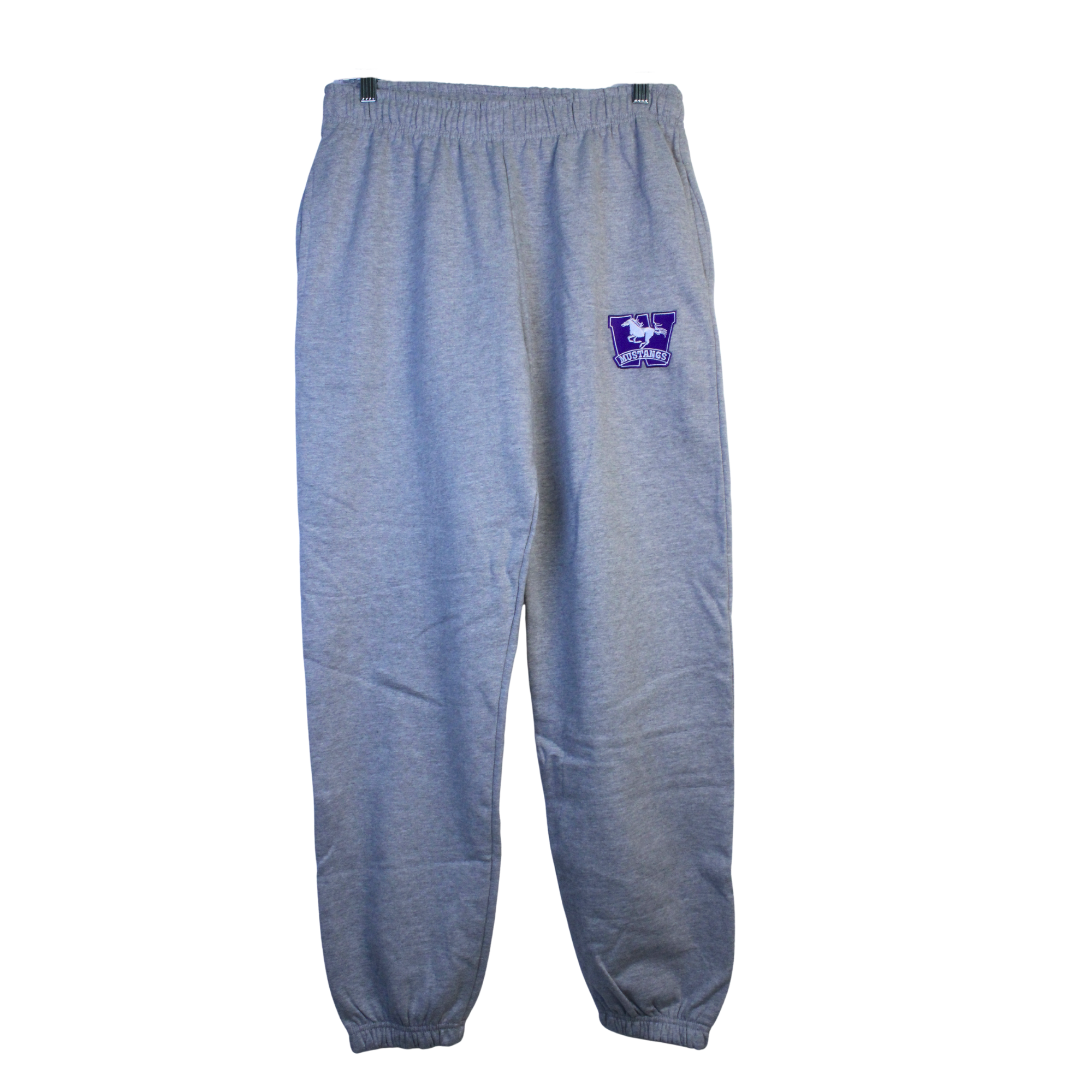 Grey sweat pant with the Mustang logo embroidered on the left upper leg.