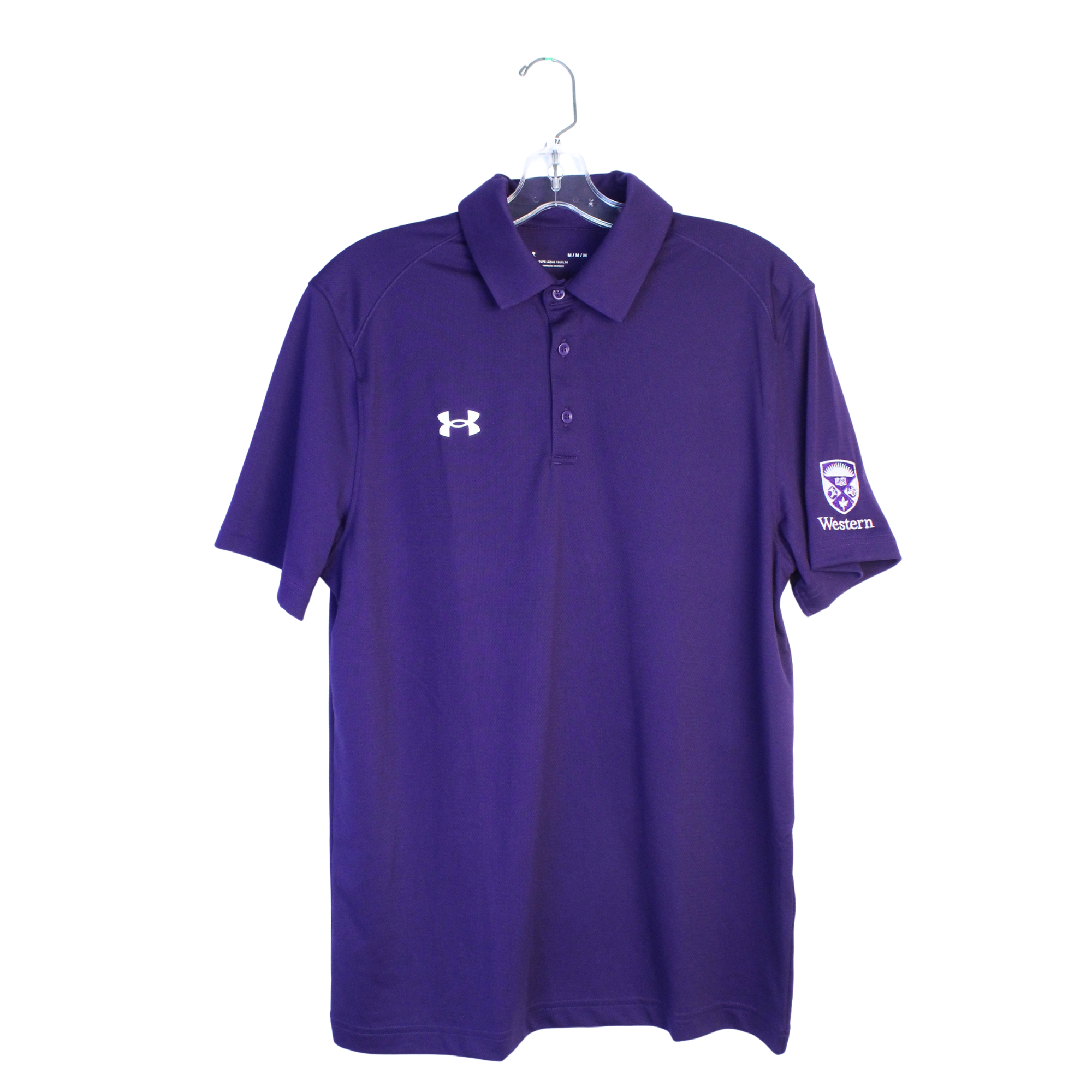 Purple polo tee with 1/4 button up neckline. Western crest logo embroidered on the left side sleeve.