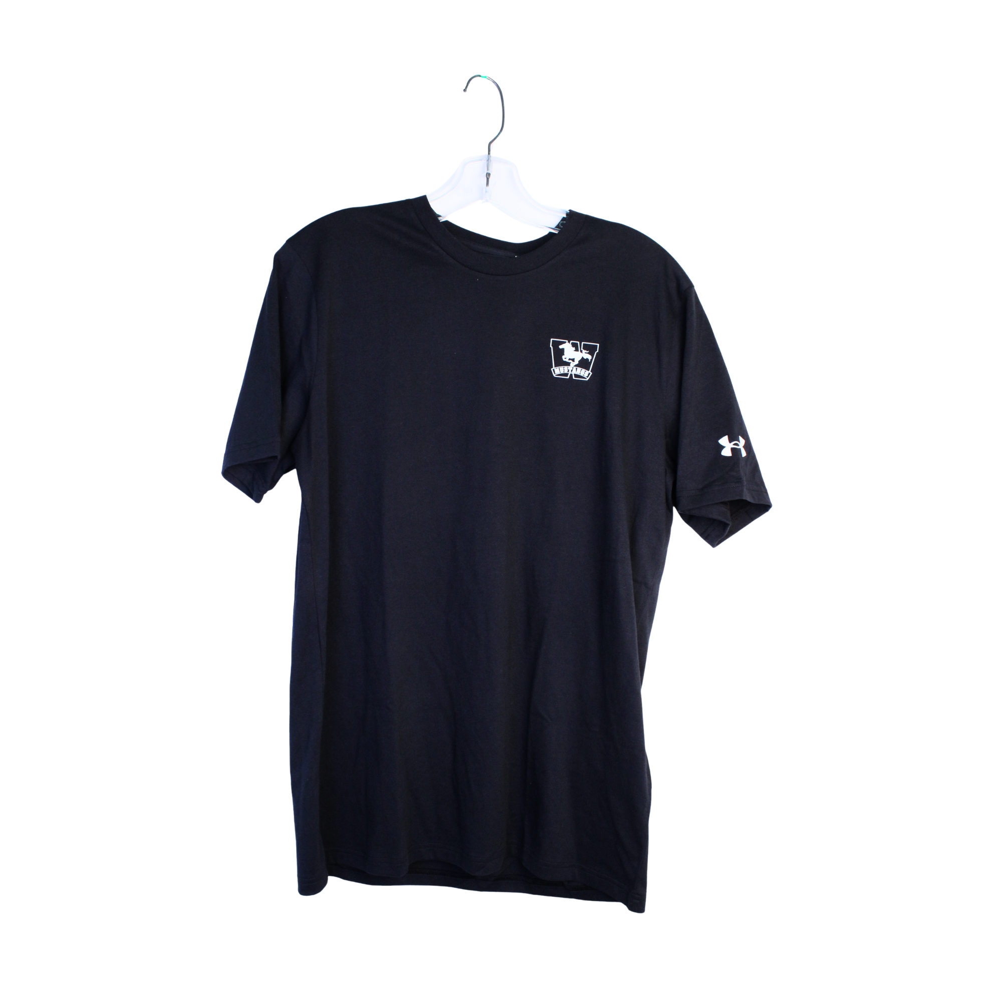 Black t-shirt with the Mustangs logo screen printed in white on the left chest.