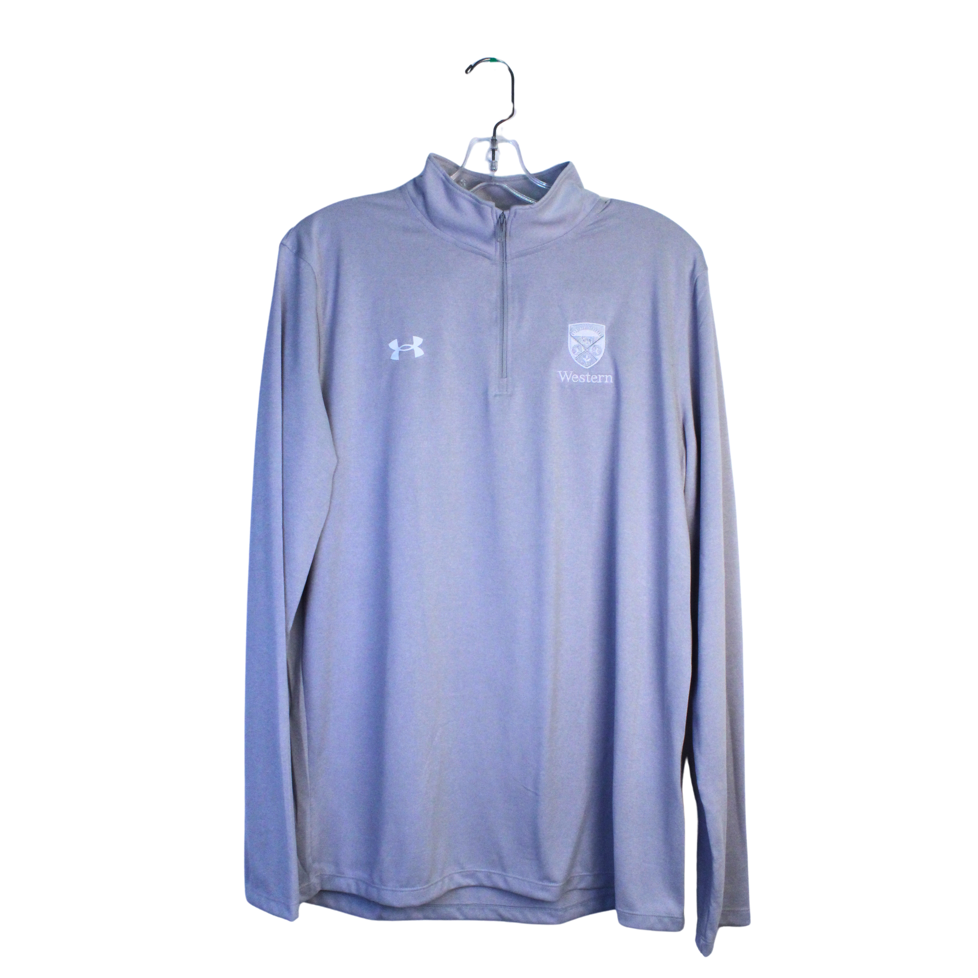 Light grey long sleeve with a 1/4 zip neckline. The Western Crest logo is embroidered in white on the left side chest and the Under Armour logo is printed in white on the right side chest.