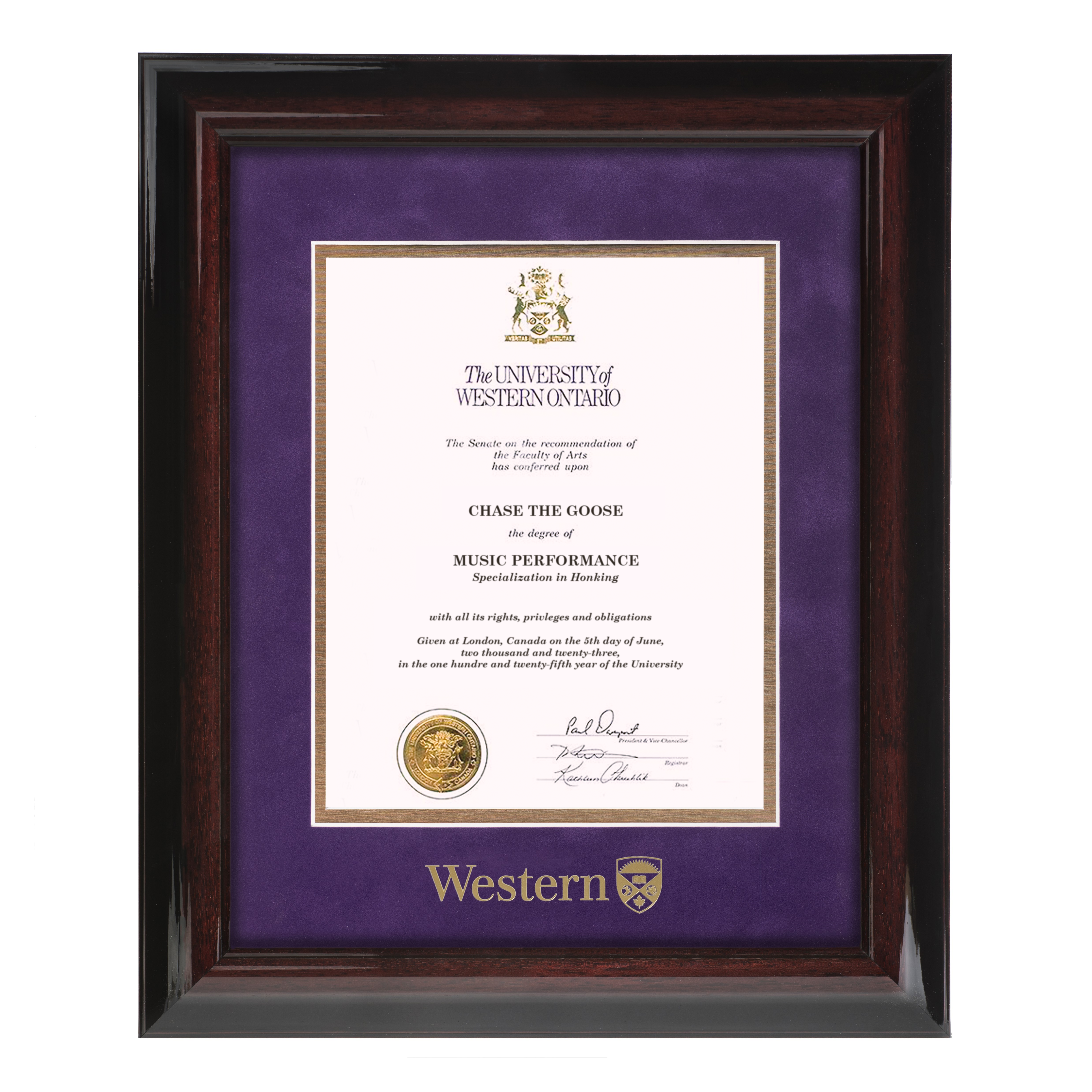 Executive frame with purple and gold mating with Western etched in gold.