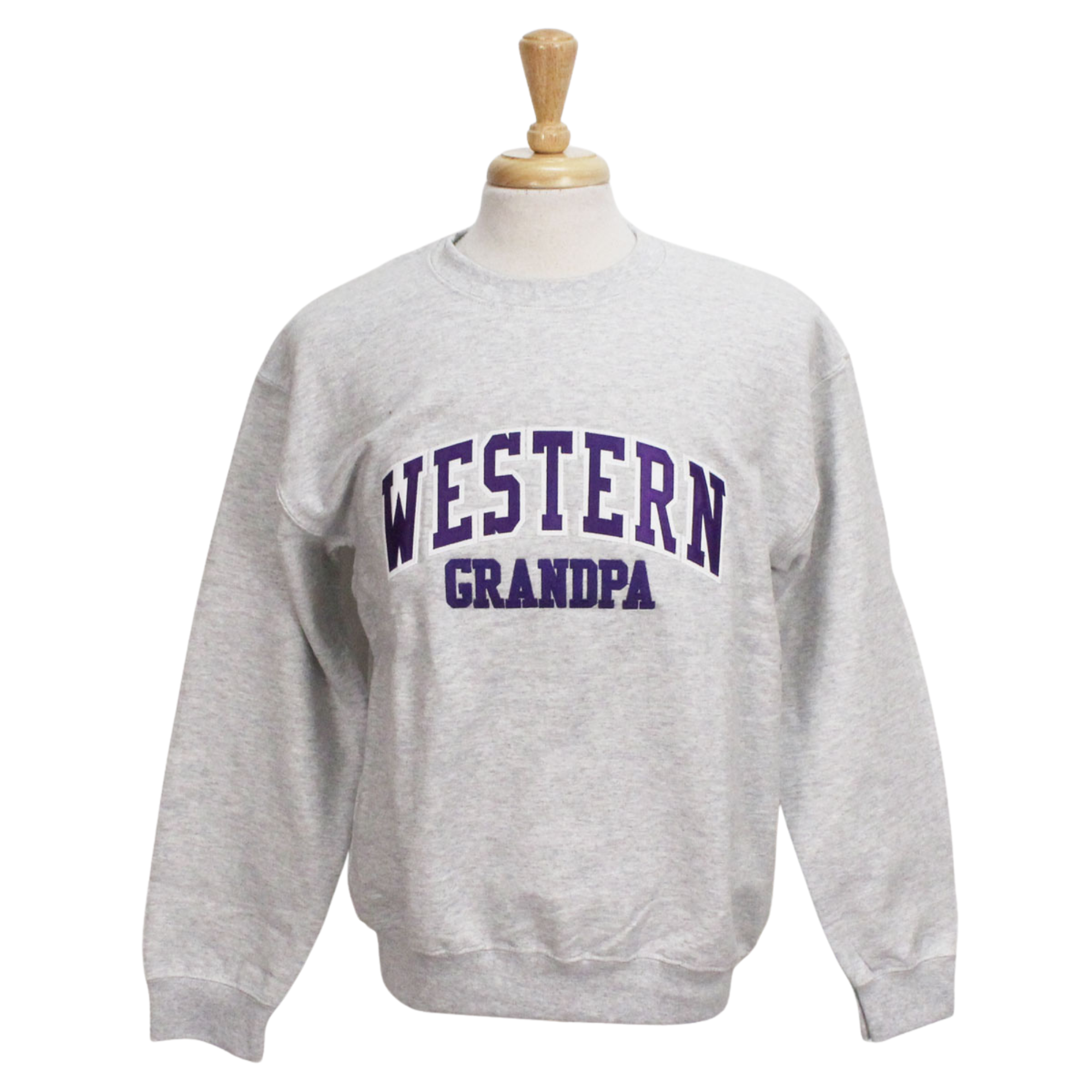 Ash grey crew neck with appliqued 'Western' twill font and "Grandpa" in white and purple. 