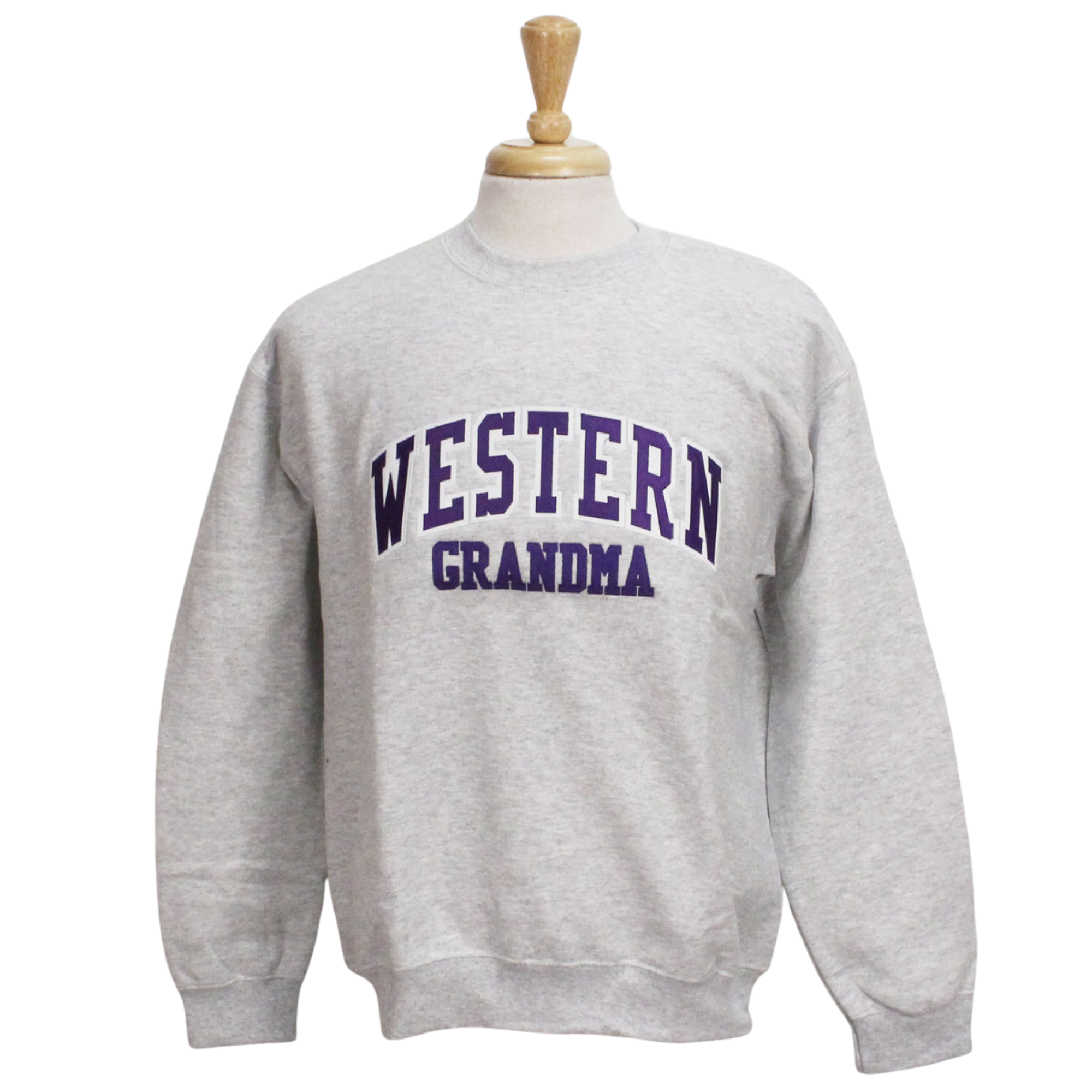 Ash grey crewneck with Western Grandma on the front.
