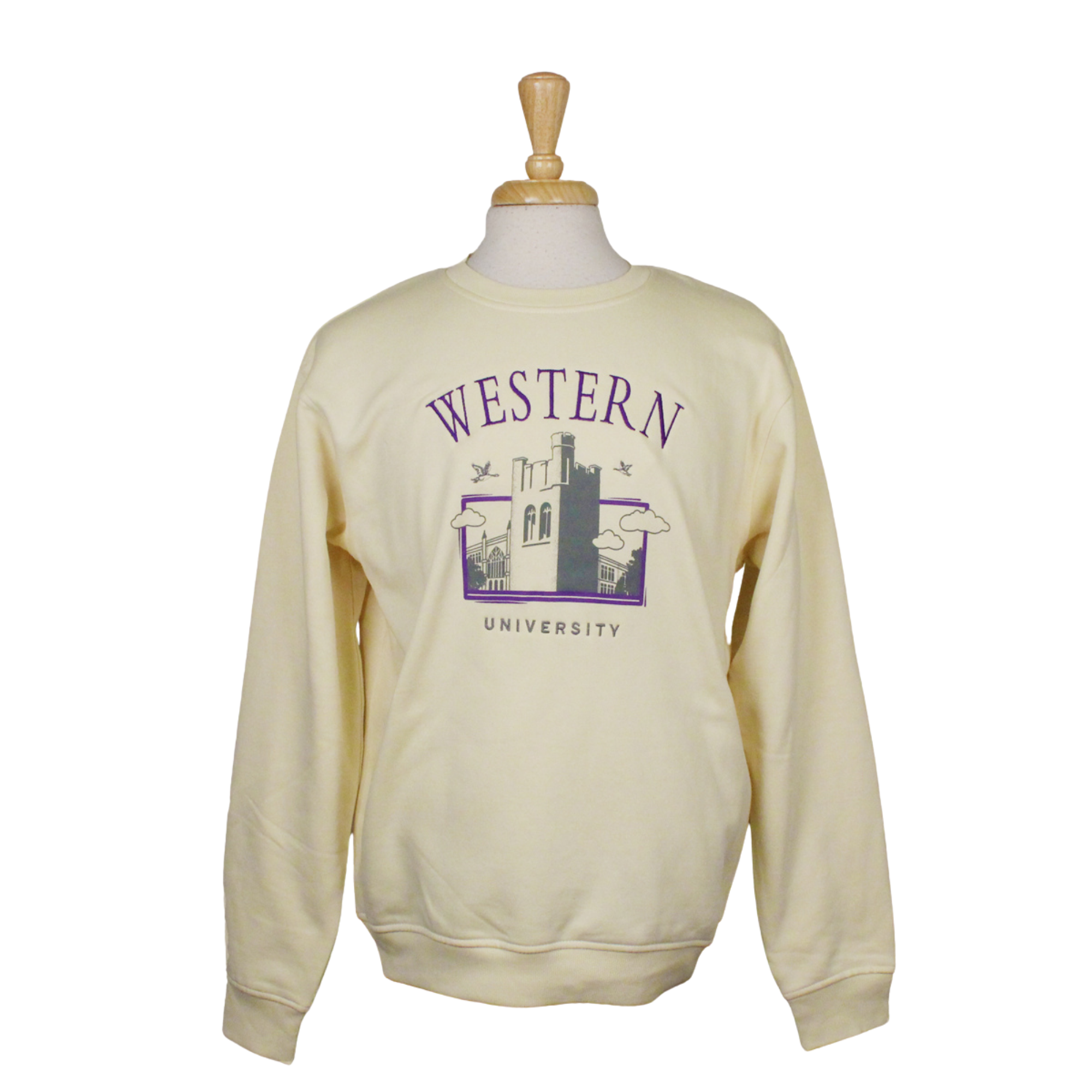 Cream crew neck with Western and graphic of the tower.