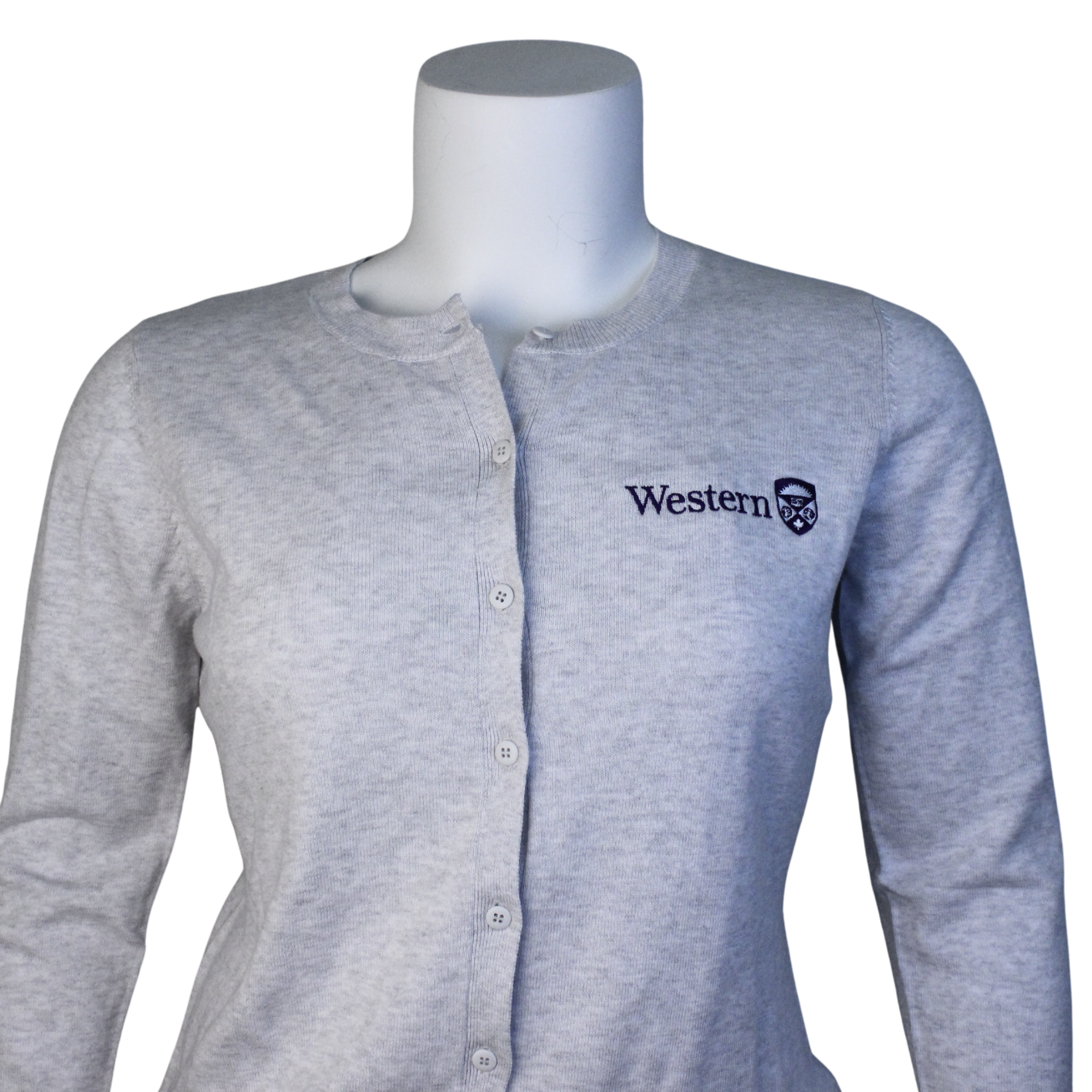 Ash grey cardigan with buttons along the front and Western embroidered on the left chest.