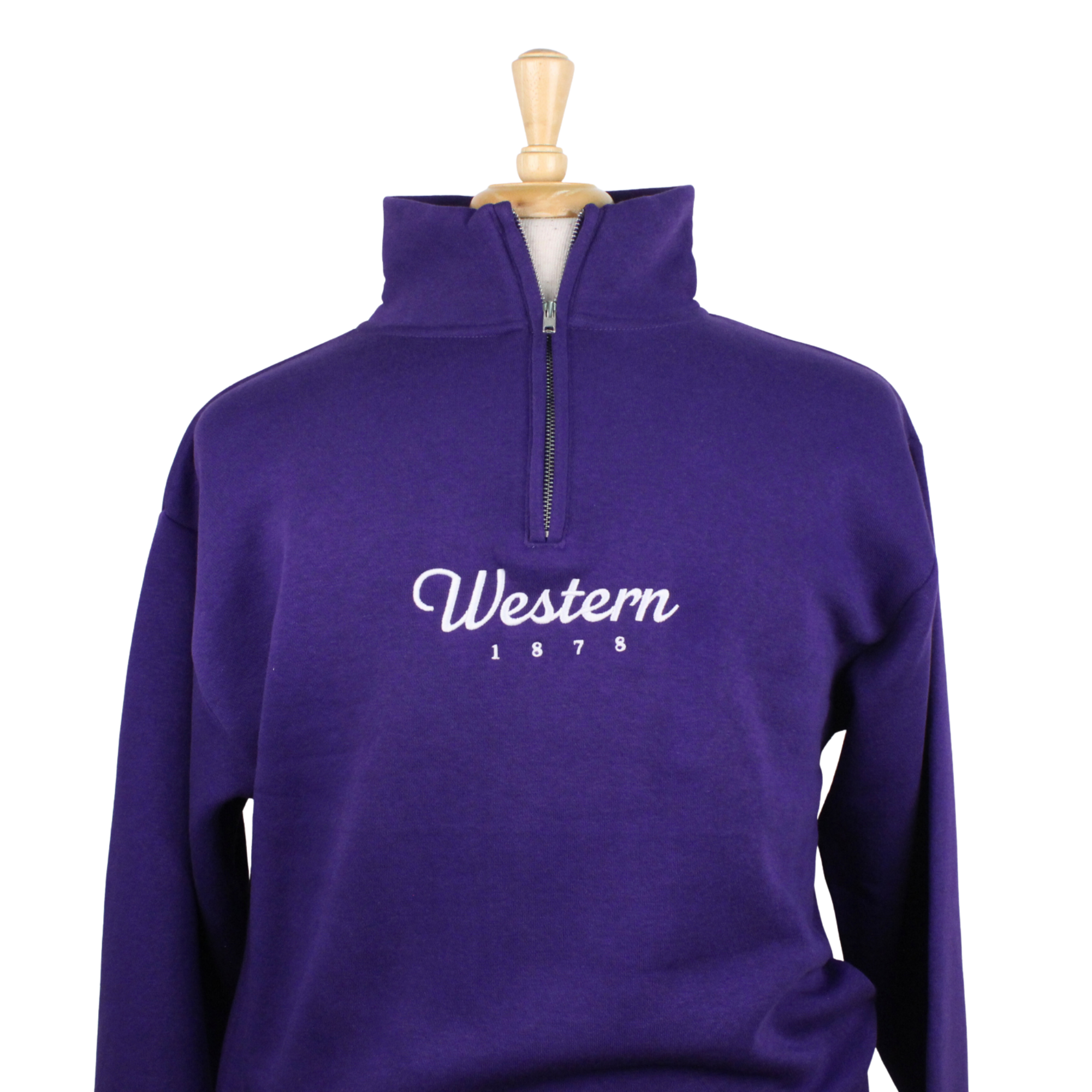 Purple 1/4 zip with "Western 1878" embroidered on the front. 