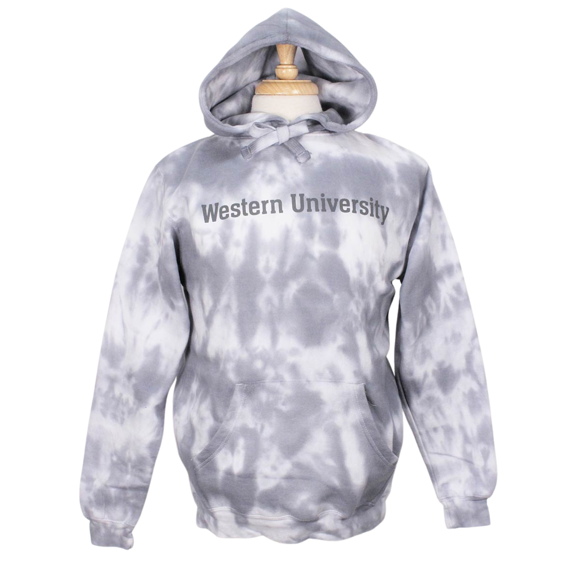 Grey and white tie dye hood with Western University screen printed on the front.