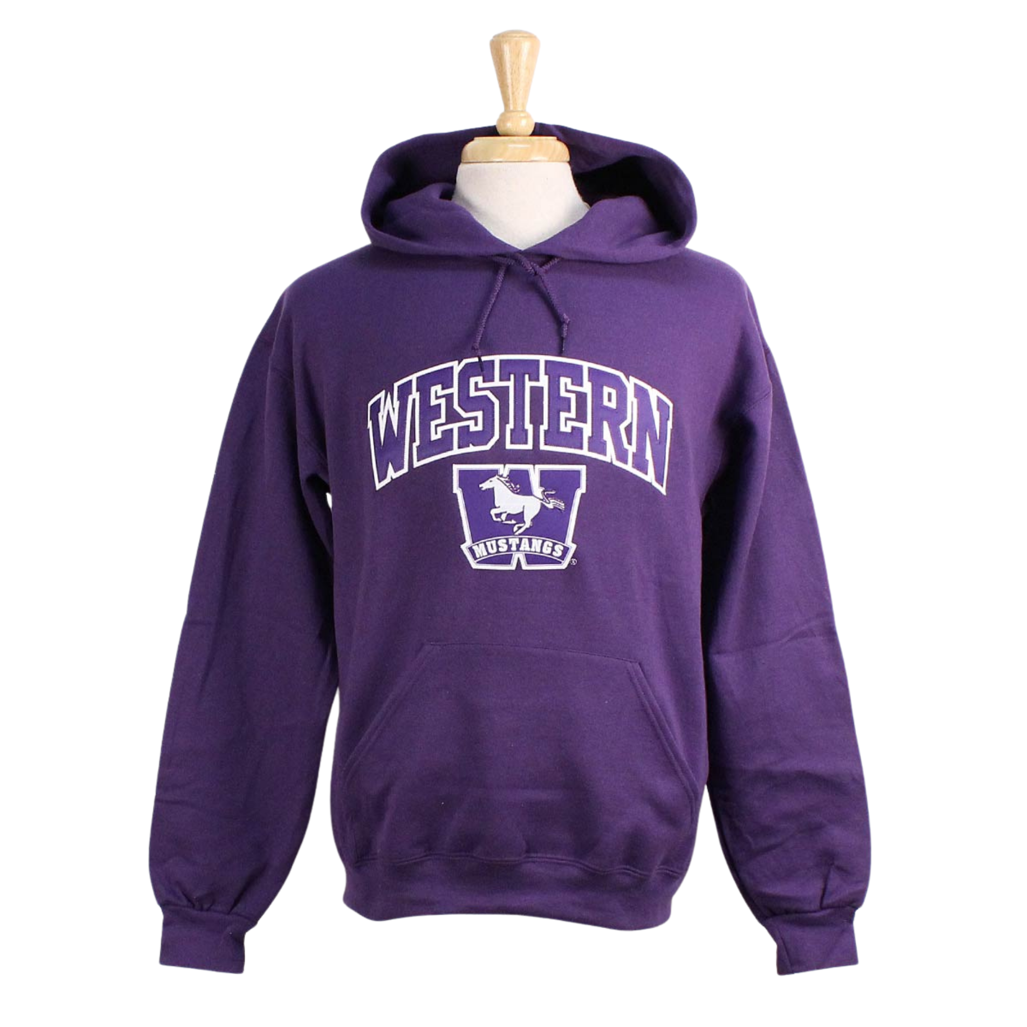 Purple hood with front pocket. 'Western' twill font and sublimated Mustangs logo appliqued in white and purple. 