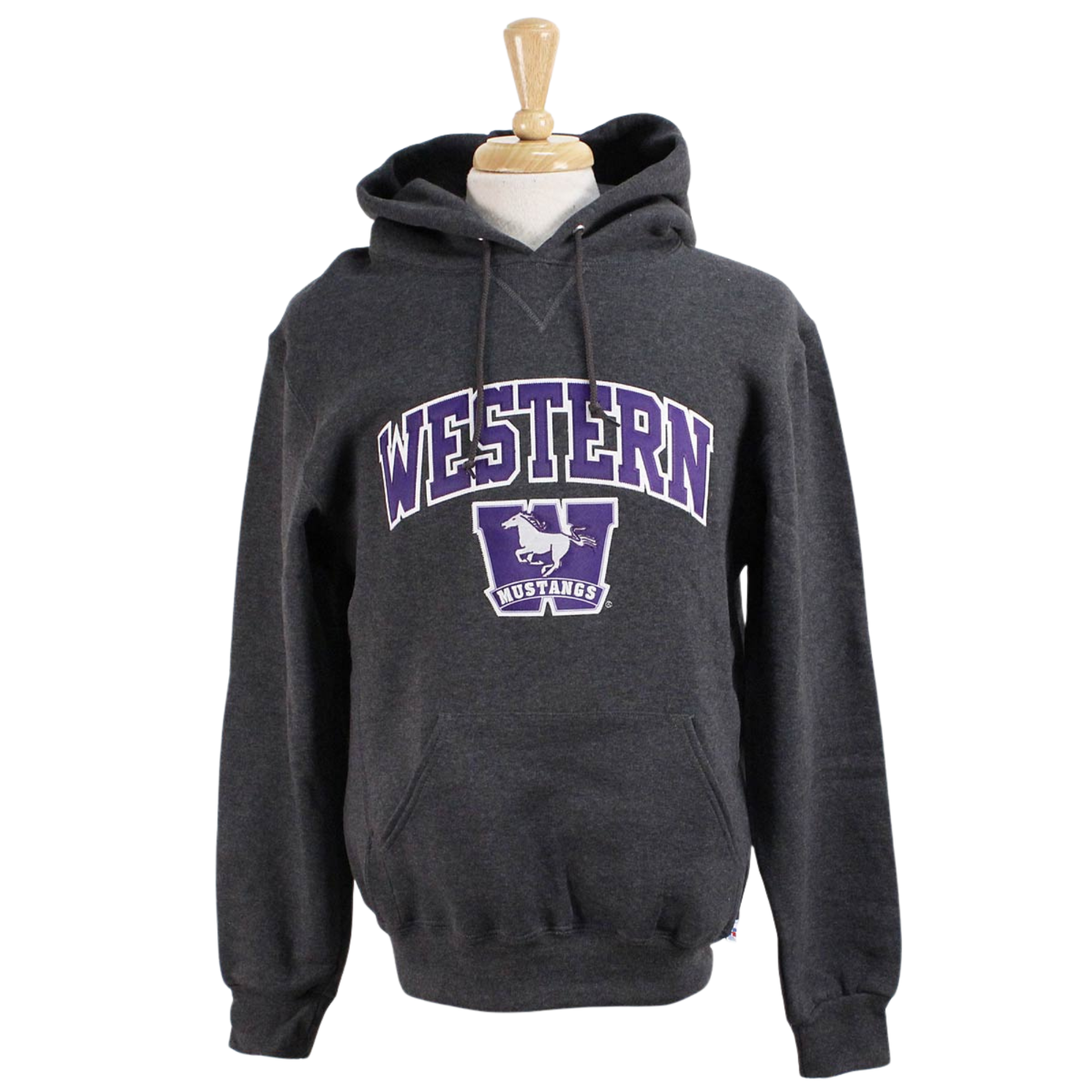 Charcoal Russell Athletic hood with front pocket. 'Western' twill font and sublimated Mustangs logo appliqued in white and purple.