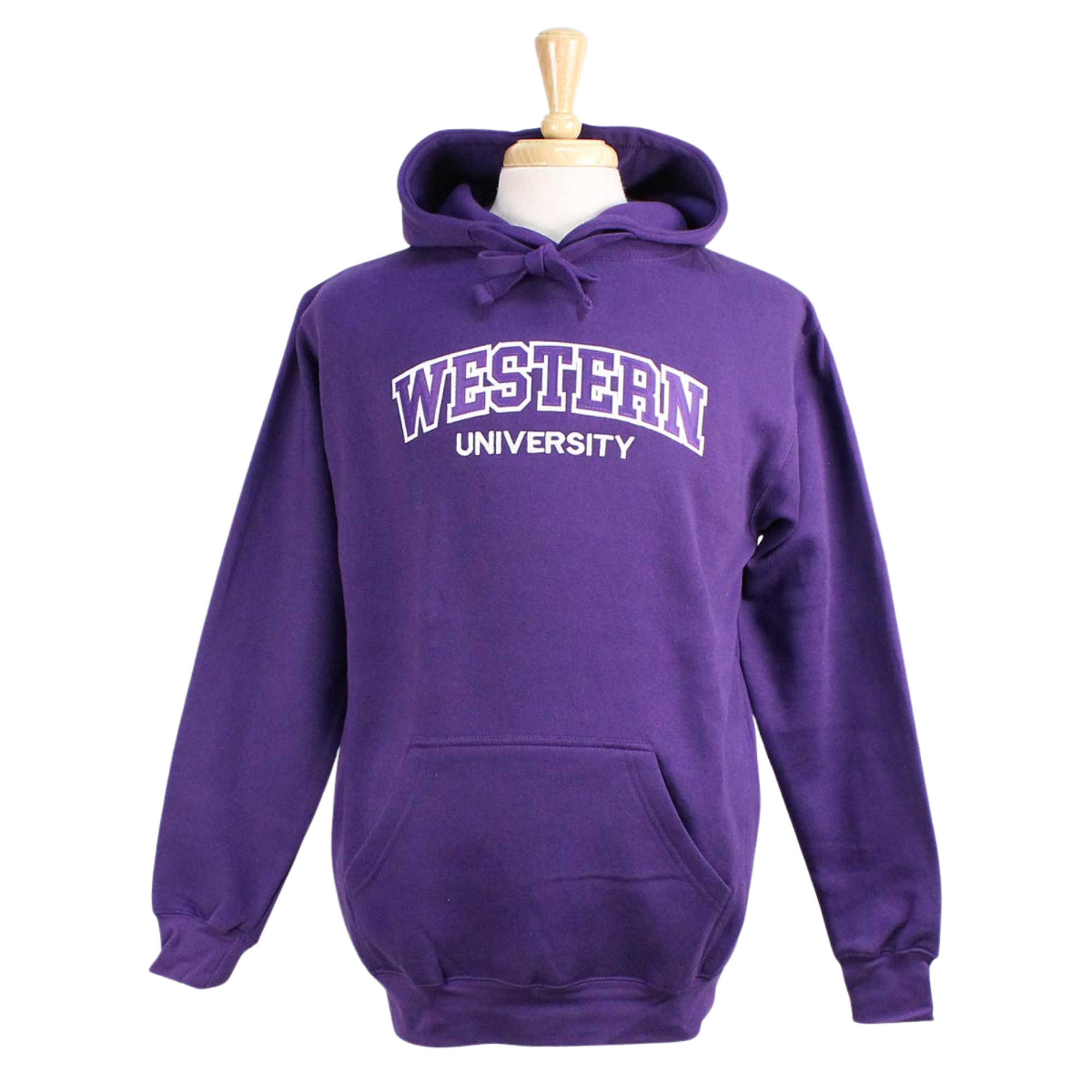 Purple hood with front pocket. Appliqued twill 'Western' and embroidered 'University' in white and purple