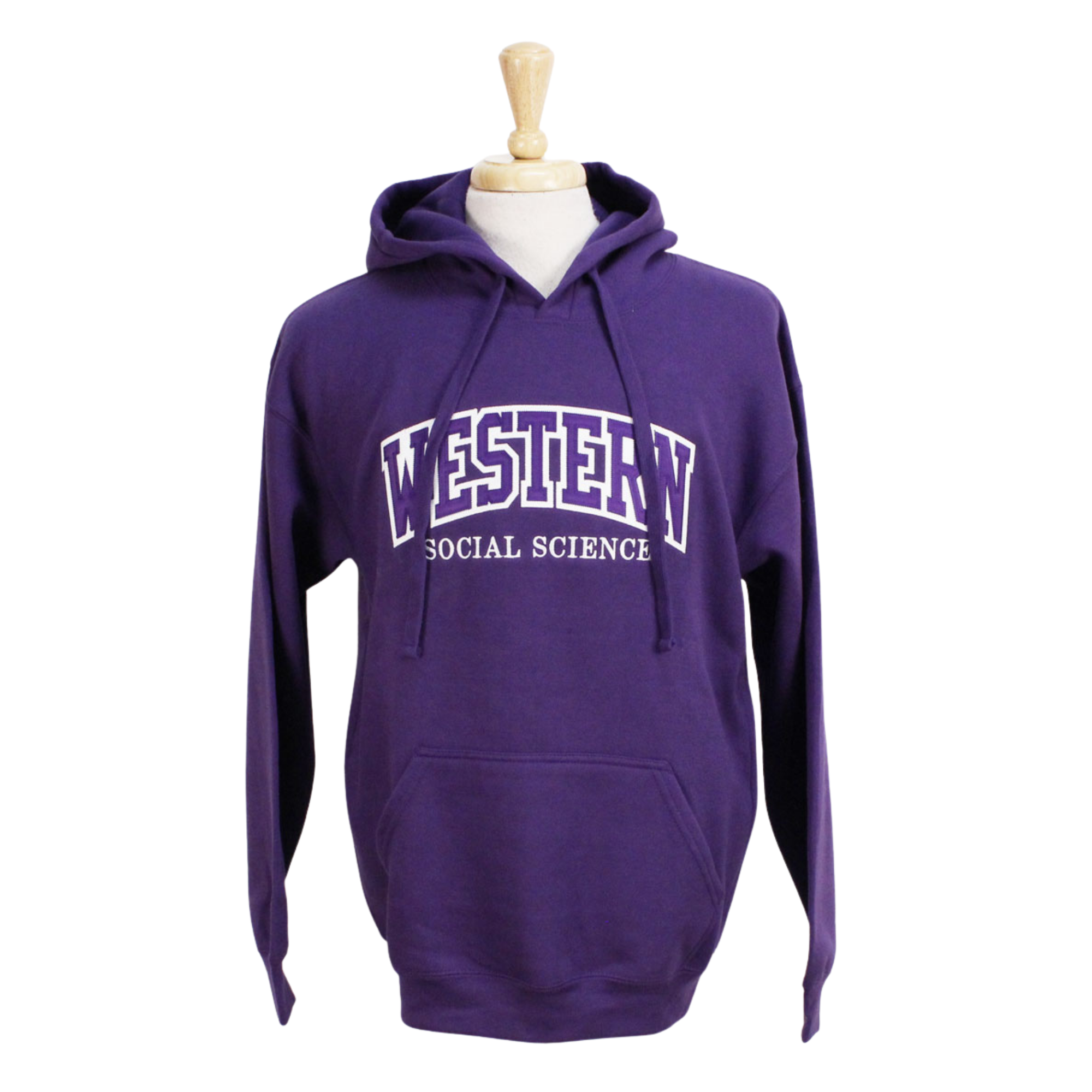 Purple hood with front pocket. Appliqued purple and white 'Western' twill font and embroidered 'Social Science' in white. 