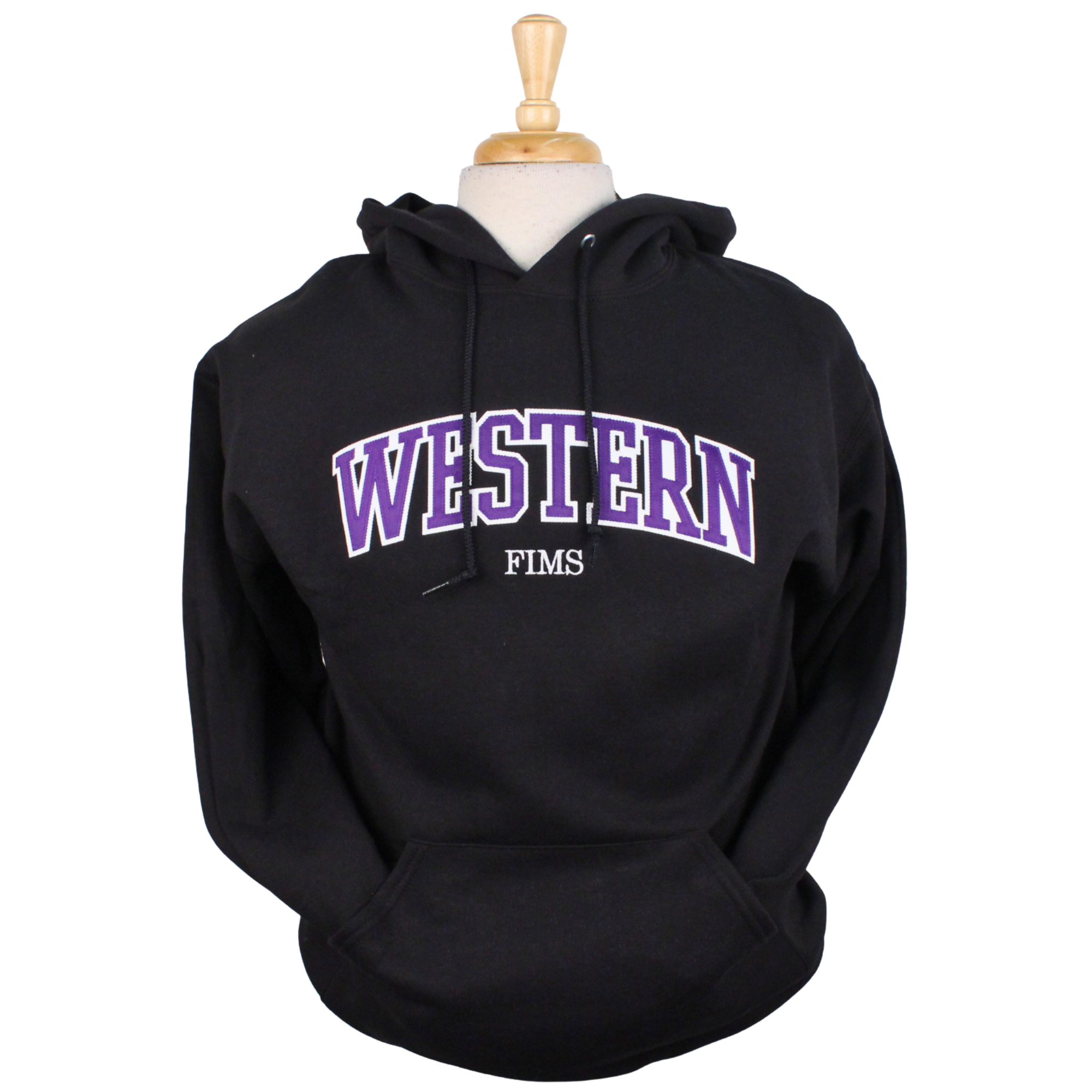 Black hood with "Western" appliqued on the front and "Fims" embroidered underneath.