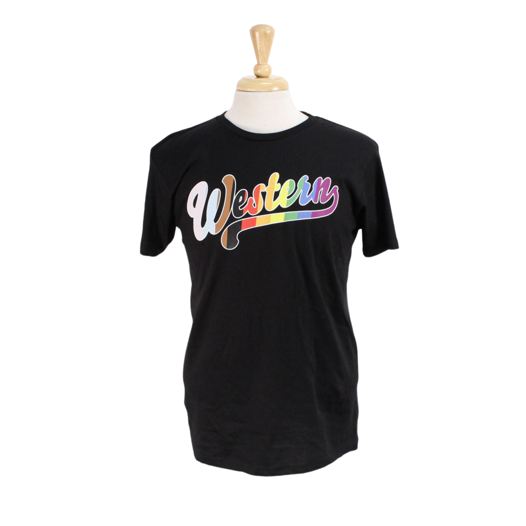 Black pride tee shirt with "Western" graphic in a rainbow gradient.