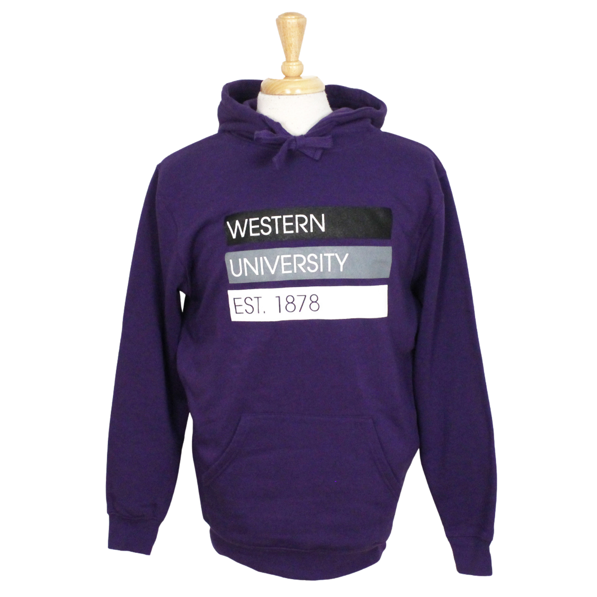 Purple hood with Western University Est. 1878 printed in black, grey and white design on the front.