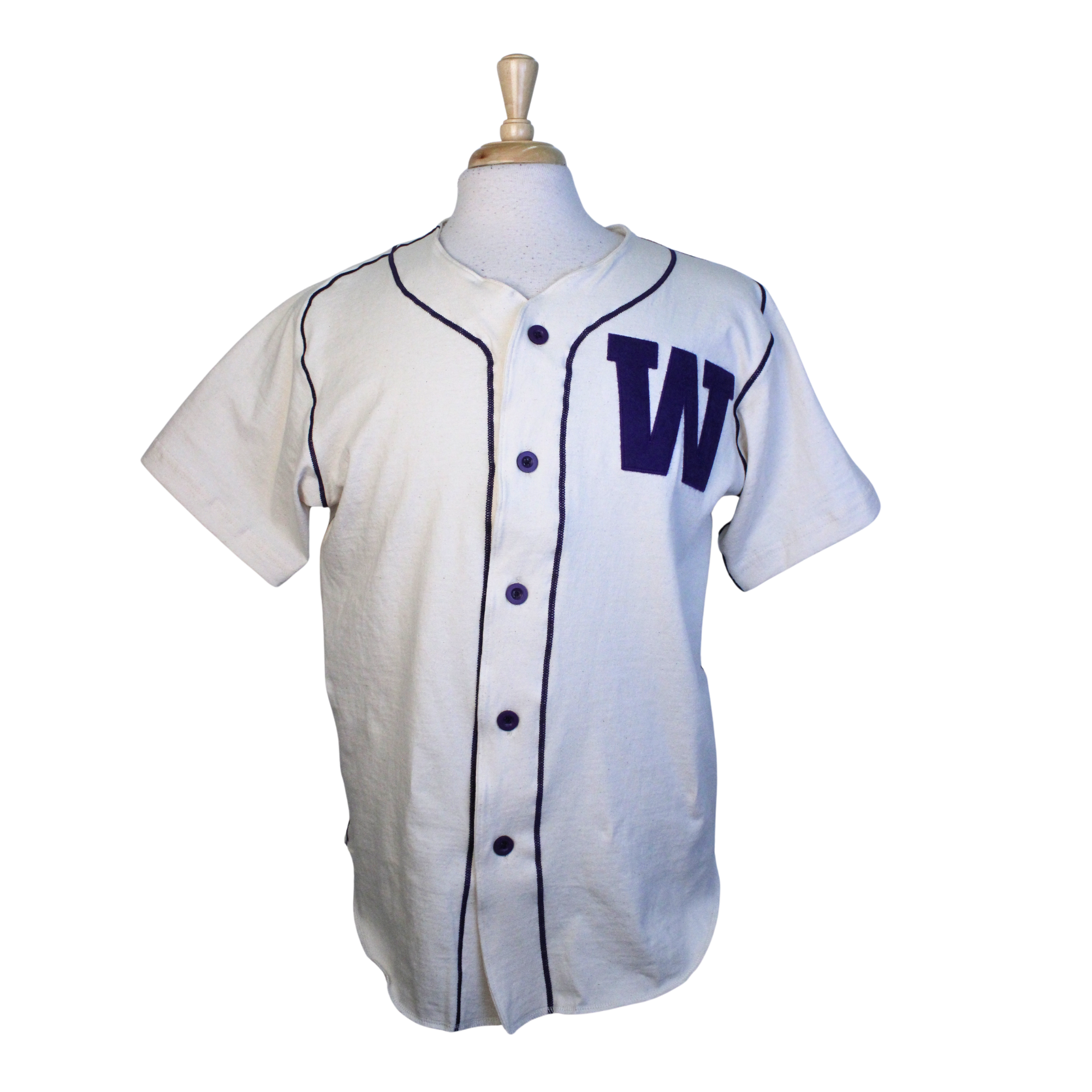 Ivory baseball jersey shirt with appliqued "W" on the left chest. 