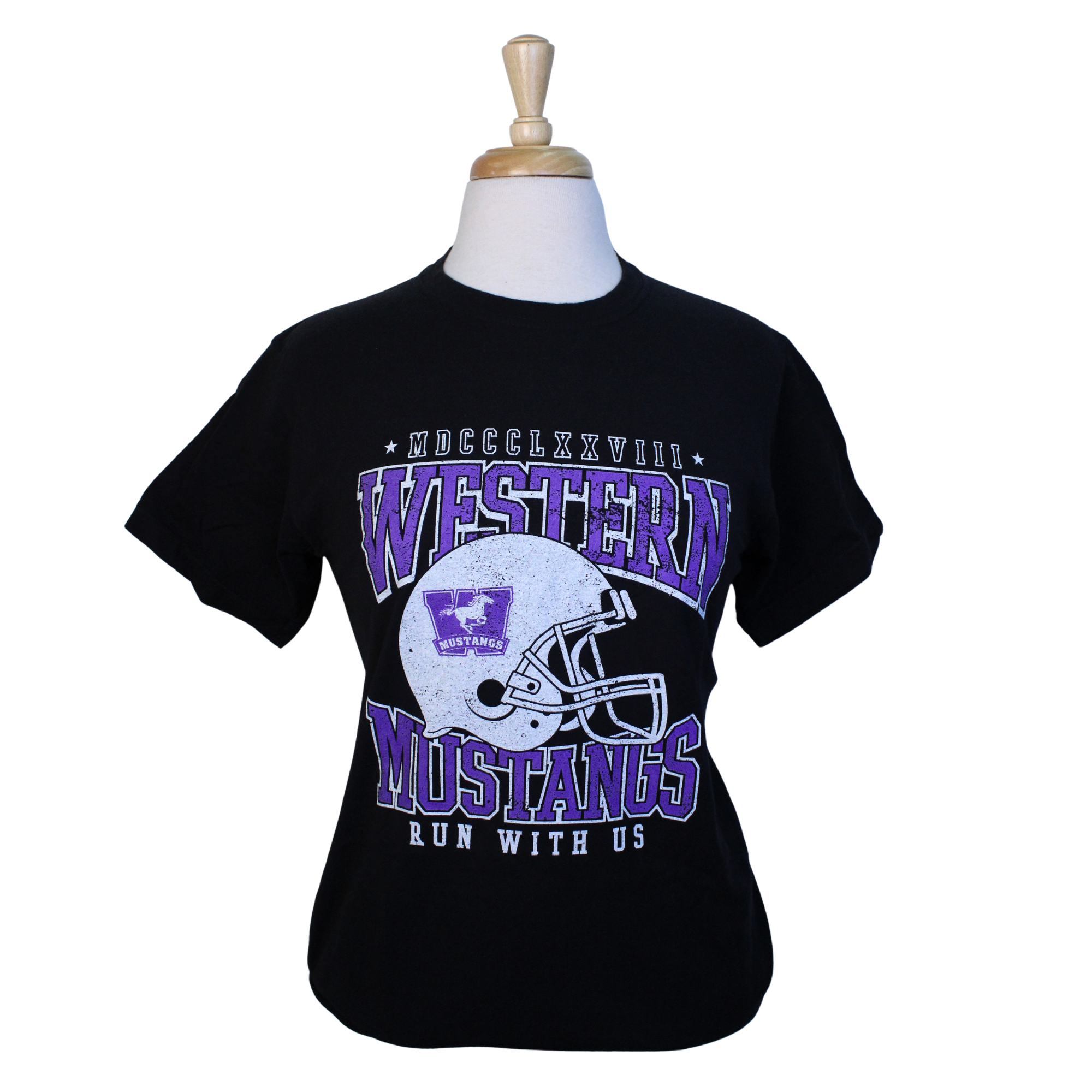 Black tee with Western Mustangs Vanier Cup graphic printed on the front.