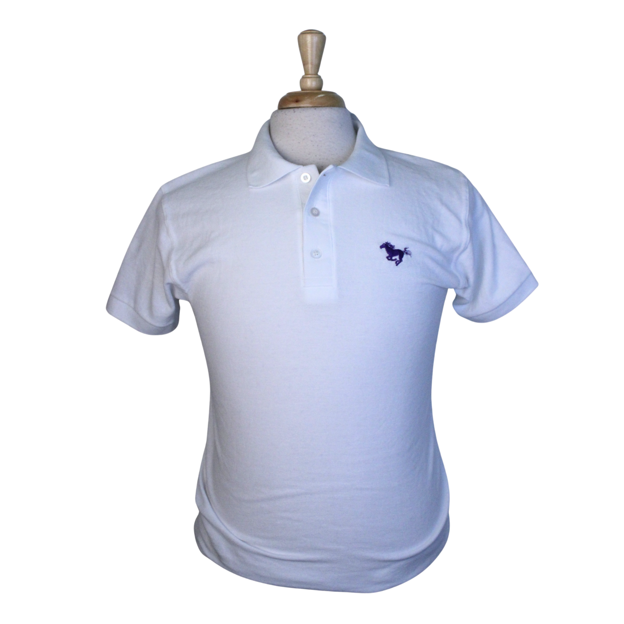 White polo with Mustangs logo embroidered on the left chest.