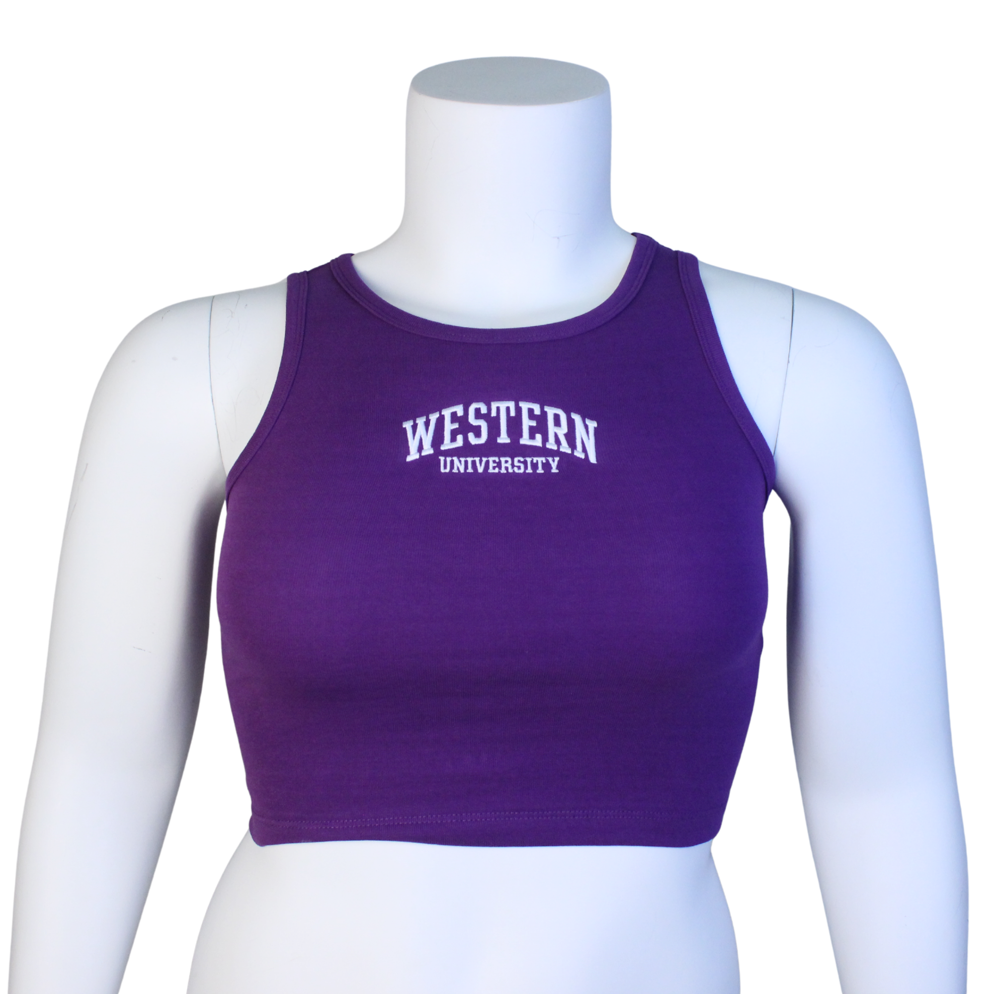 Purple ribbed cropped tank top with Western University embroidered on the front.