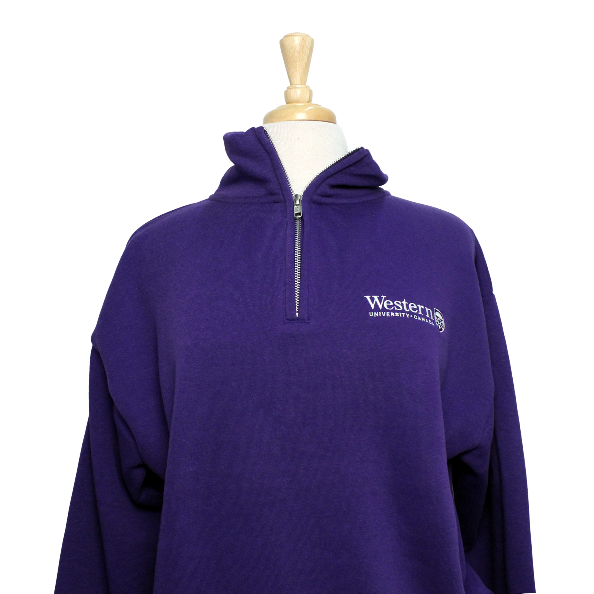 Purple 1/4 zip with Western University and Crest embroidered on the left chest. 