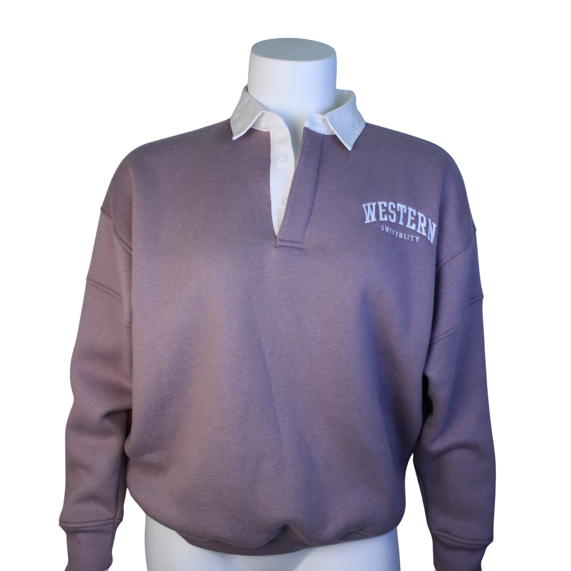 Mushroom purple polo sweatshirt with Western University embroidered on the left chest.