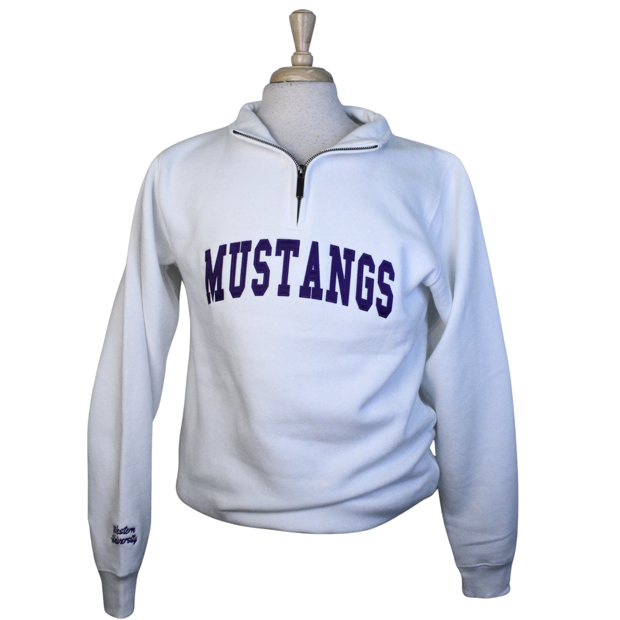 White 1/4 zip with "Mustangs" appliqued on the front. "Western University" embroidered in purple on the right sleeve.