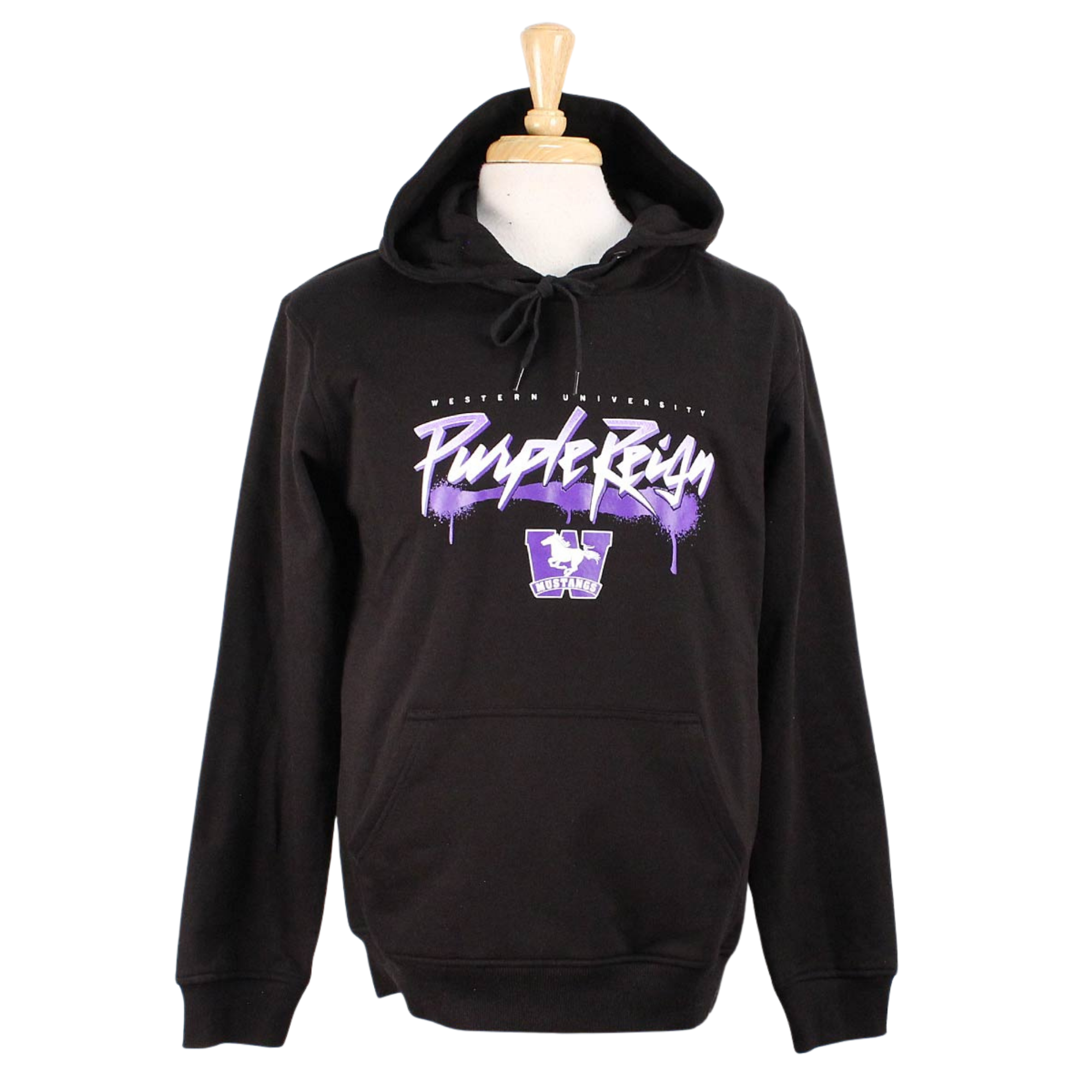 Black hood with front pockets. 'Western University Purple Reign' and Mustangs logo screened in white and purple.
