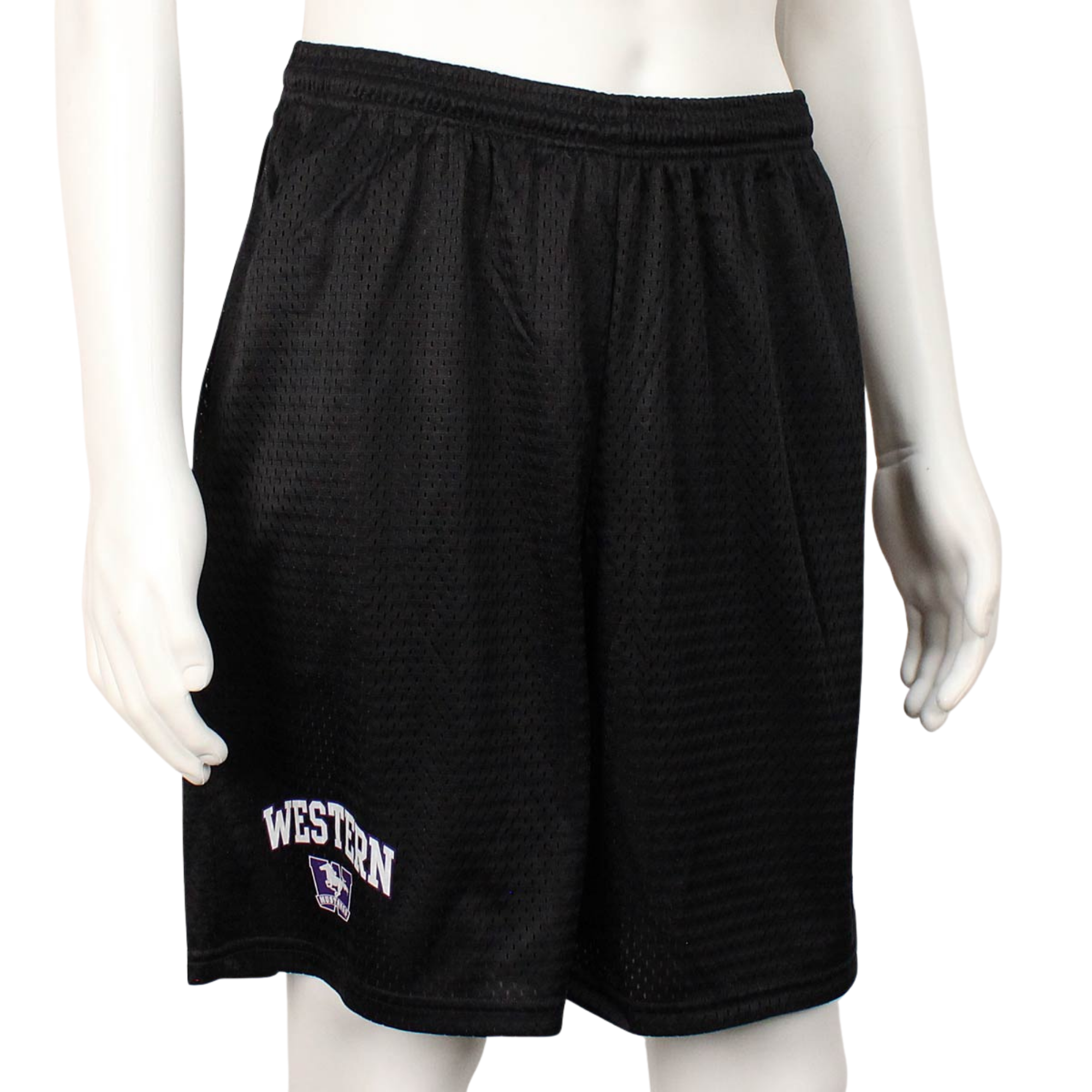 Black mesh champion shorts with adjustable draw string and pockets. 'Western' and W logo in purple and white on left leg.