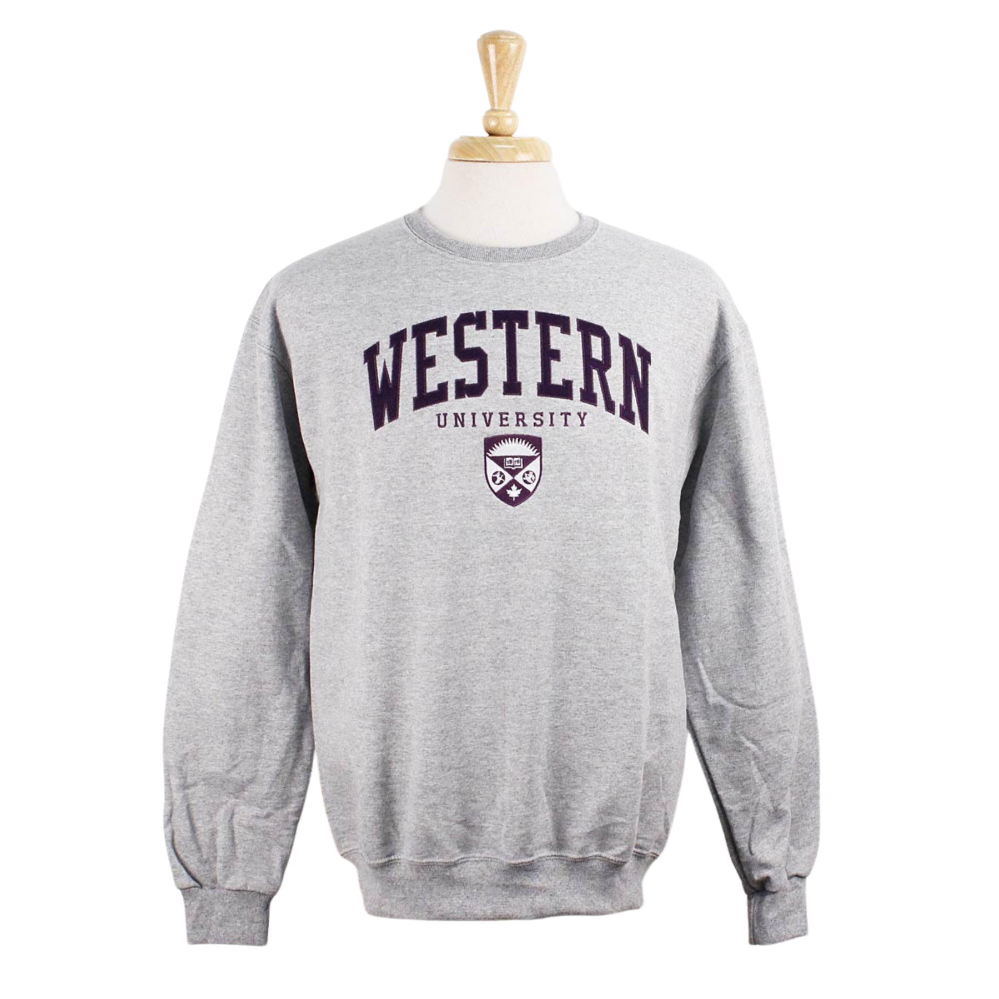 Grey crew neck with 'Western' appliqued font in dark purple felt.  'University' and crest embroidered in white and purple on the front.