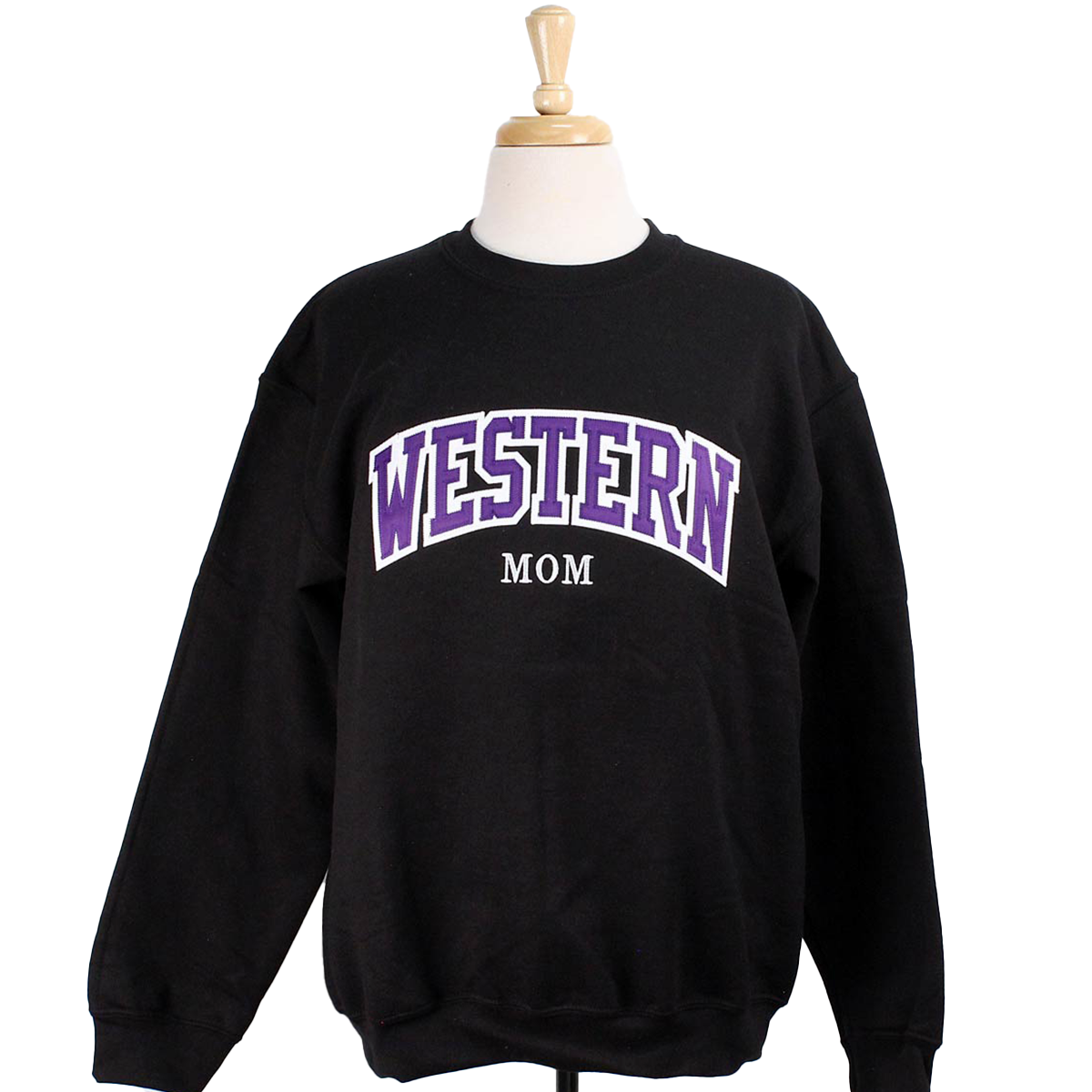 Black crewneck with large Western script across the chest and the word "Mom" centered underneath.
