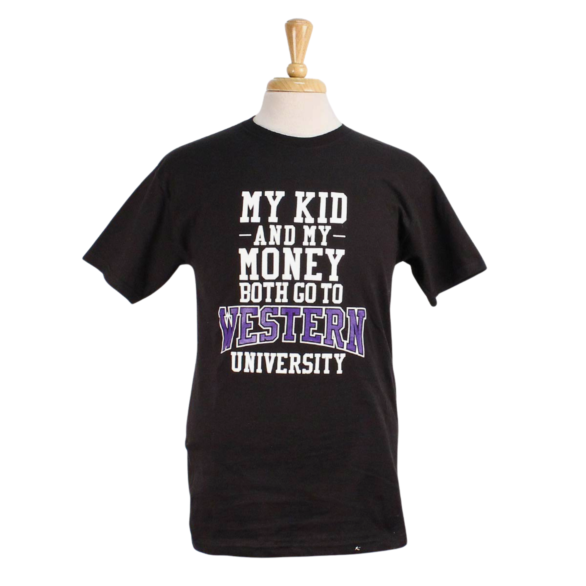 Black tee with "My kids and my money both go to Western University" printed on the front.