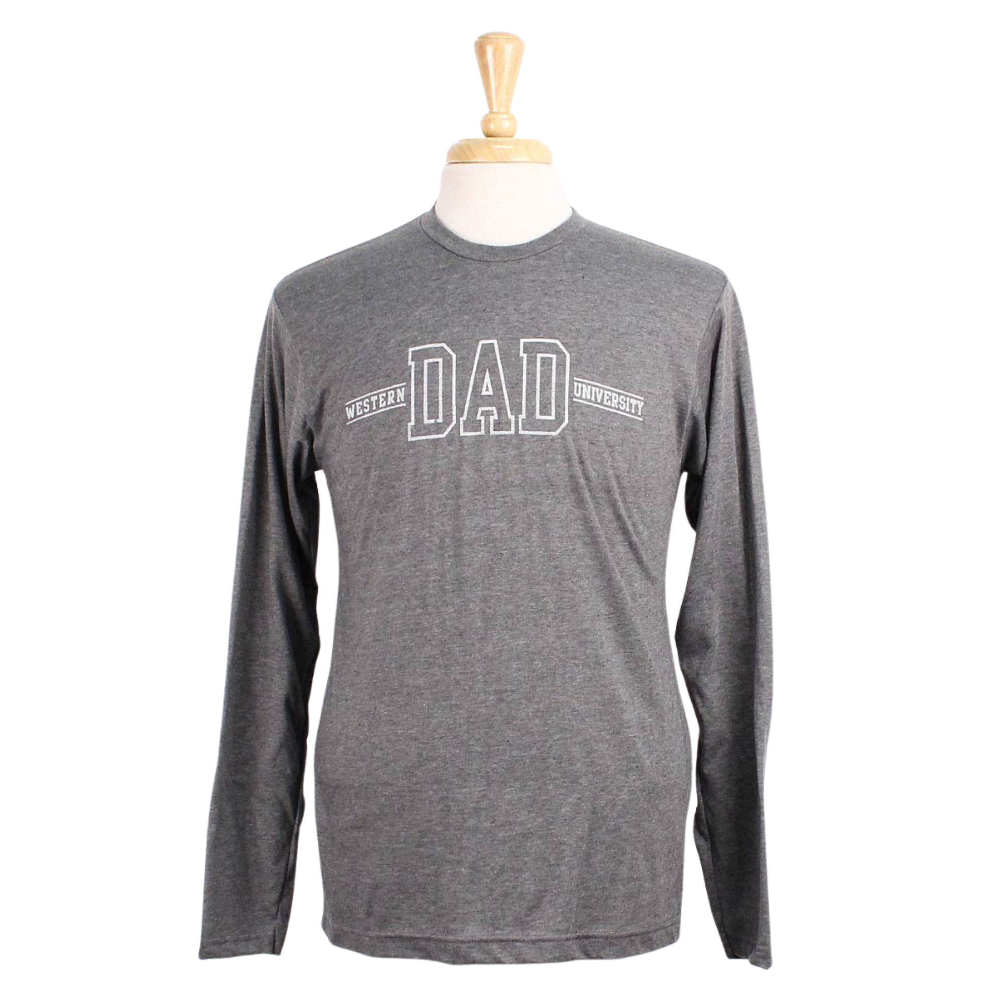 Grey long sleeve tee with Western University Dad printed in white on the front.