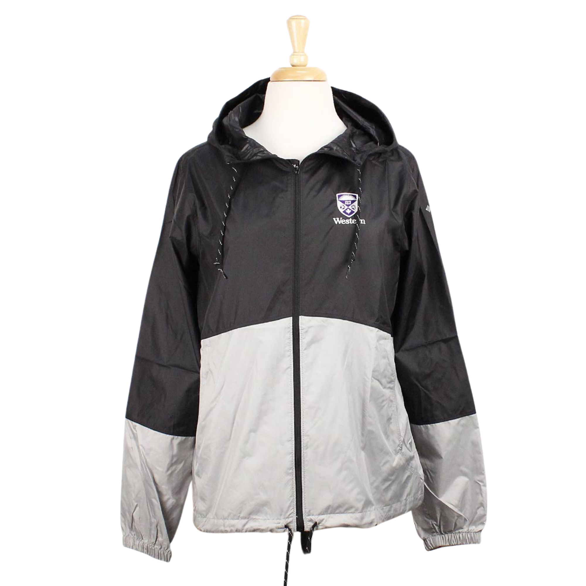 Black and grey Columbia hooded windbreaker with elastic cuffs and zippered front pockets. 'Western' and stacked crest embroidered on the left chest in purple and white.