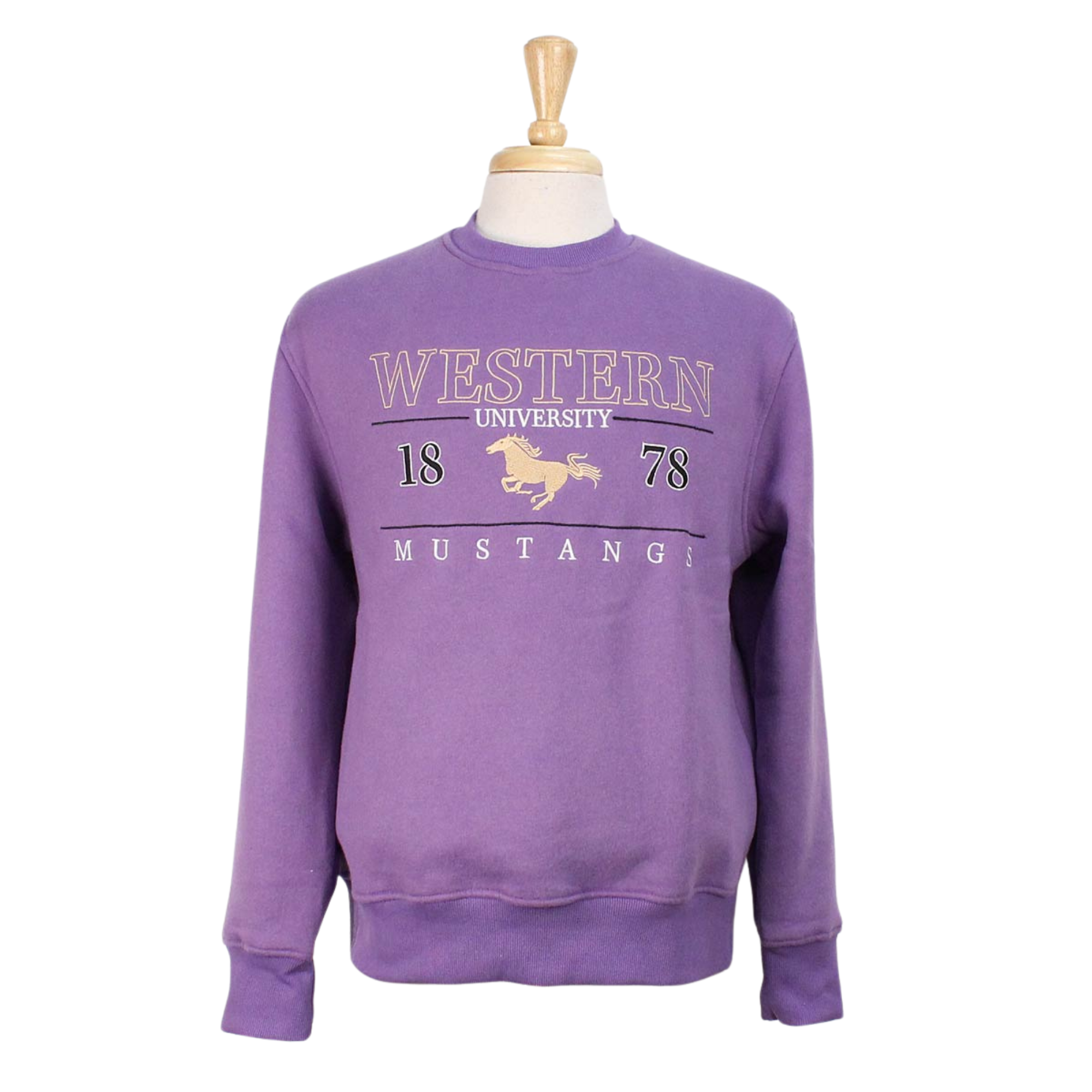 Purple vintage crewneck with Western University Mustangs vintage graphic design on the front in black, white and gold.