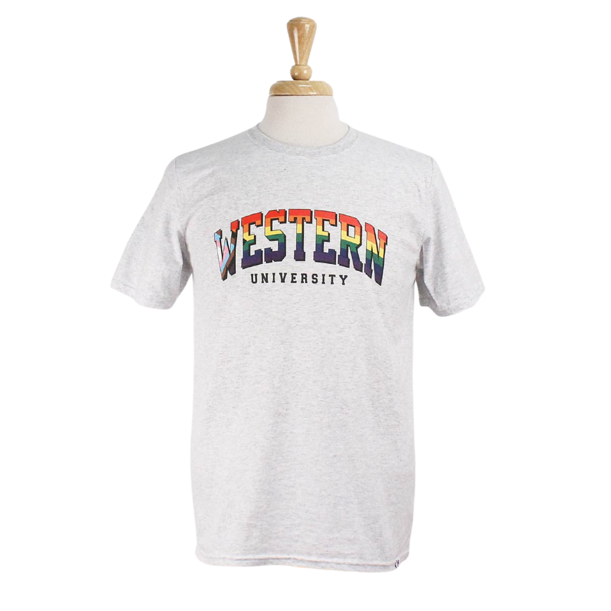 Grey heather pride t-shirt with 'Western University' screened in rainbow colours.