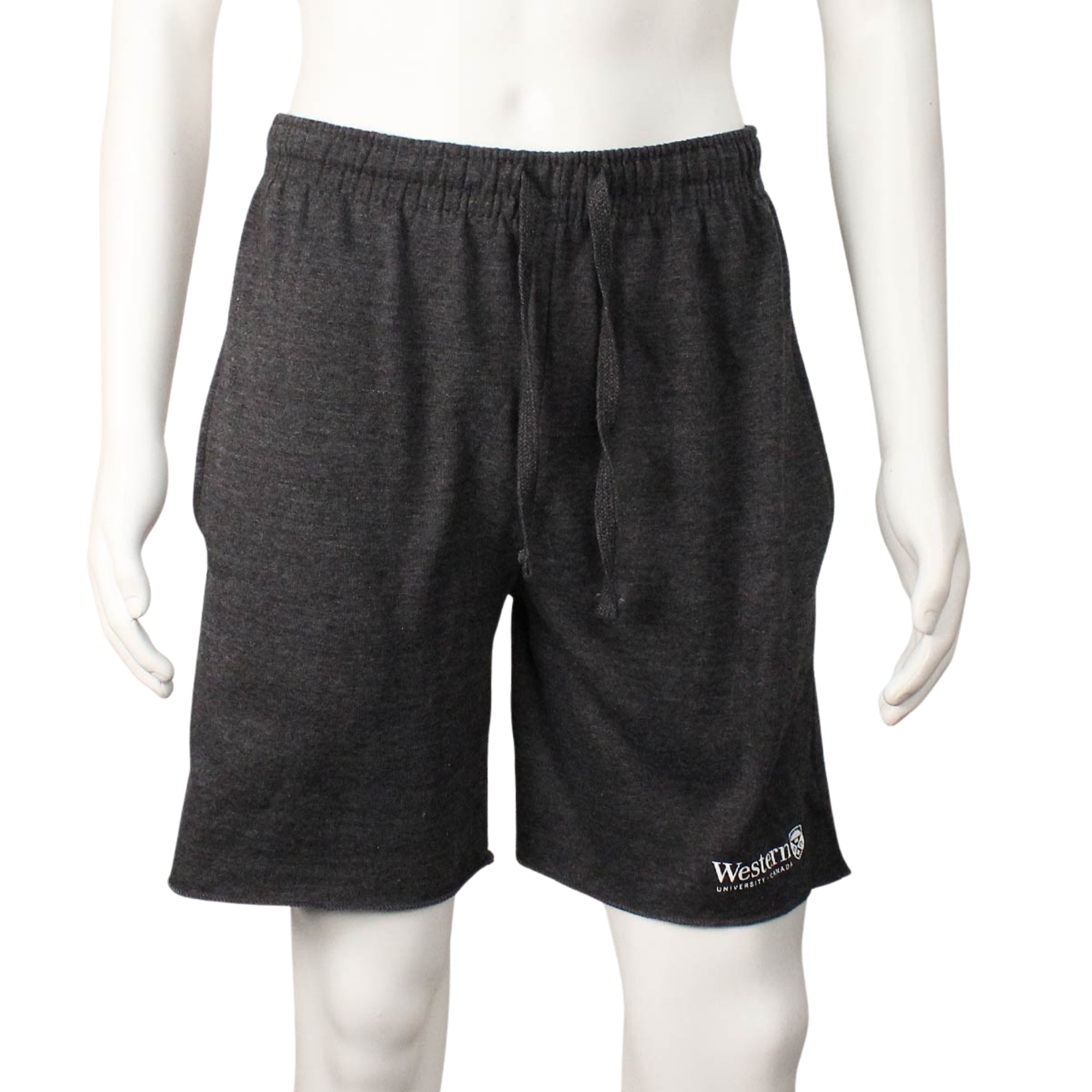 Charcoal grey sweat shorts with drawstring waist. Western and crest logo on the left leg.