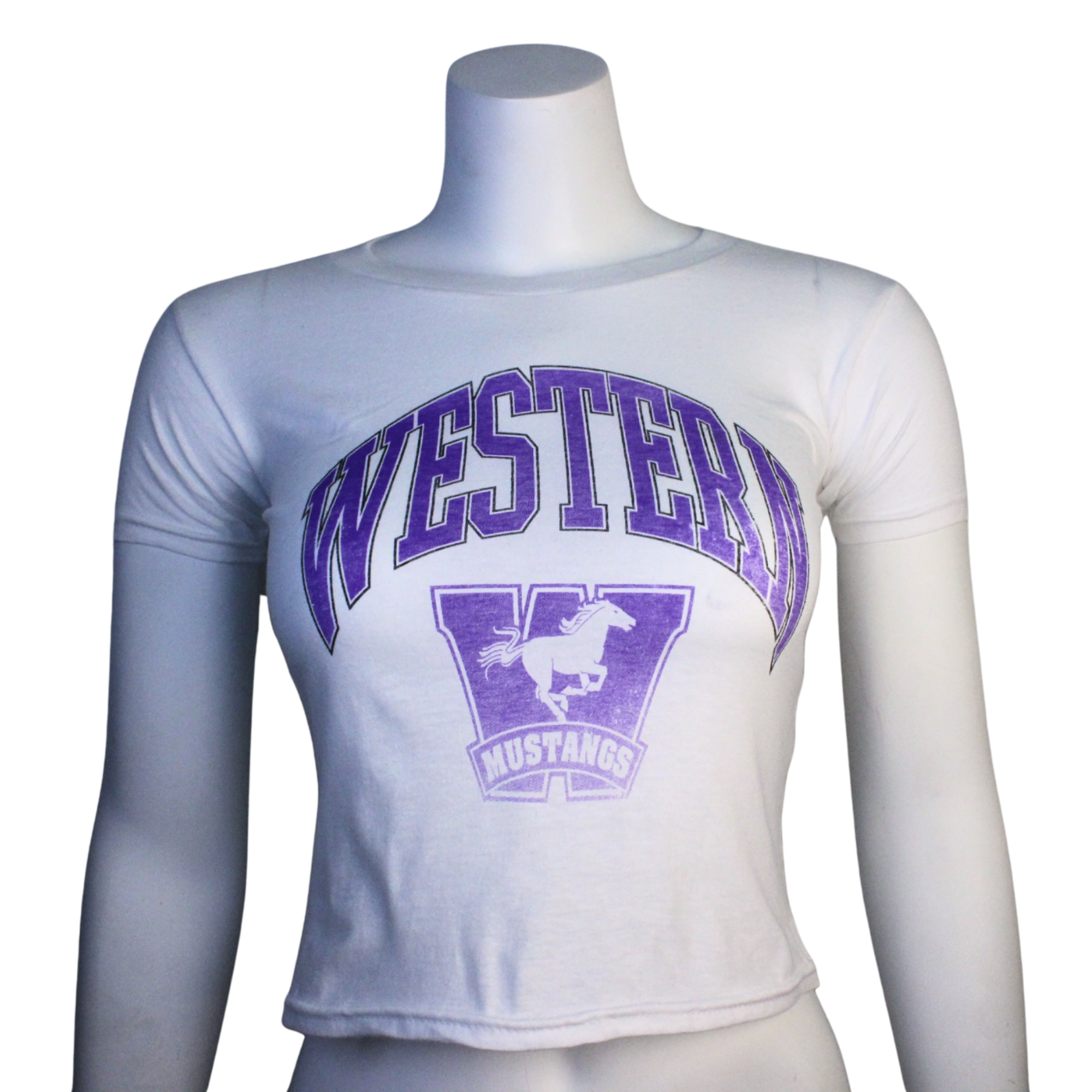 White baby tee with Mustangs and Western logo in faded print.