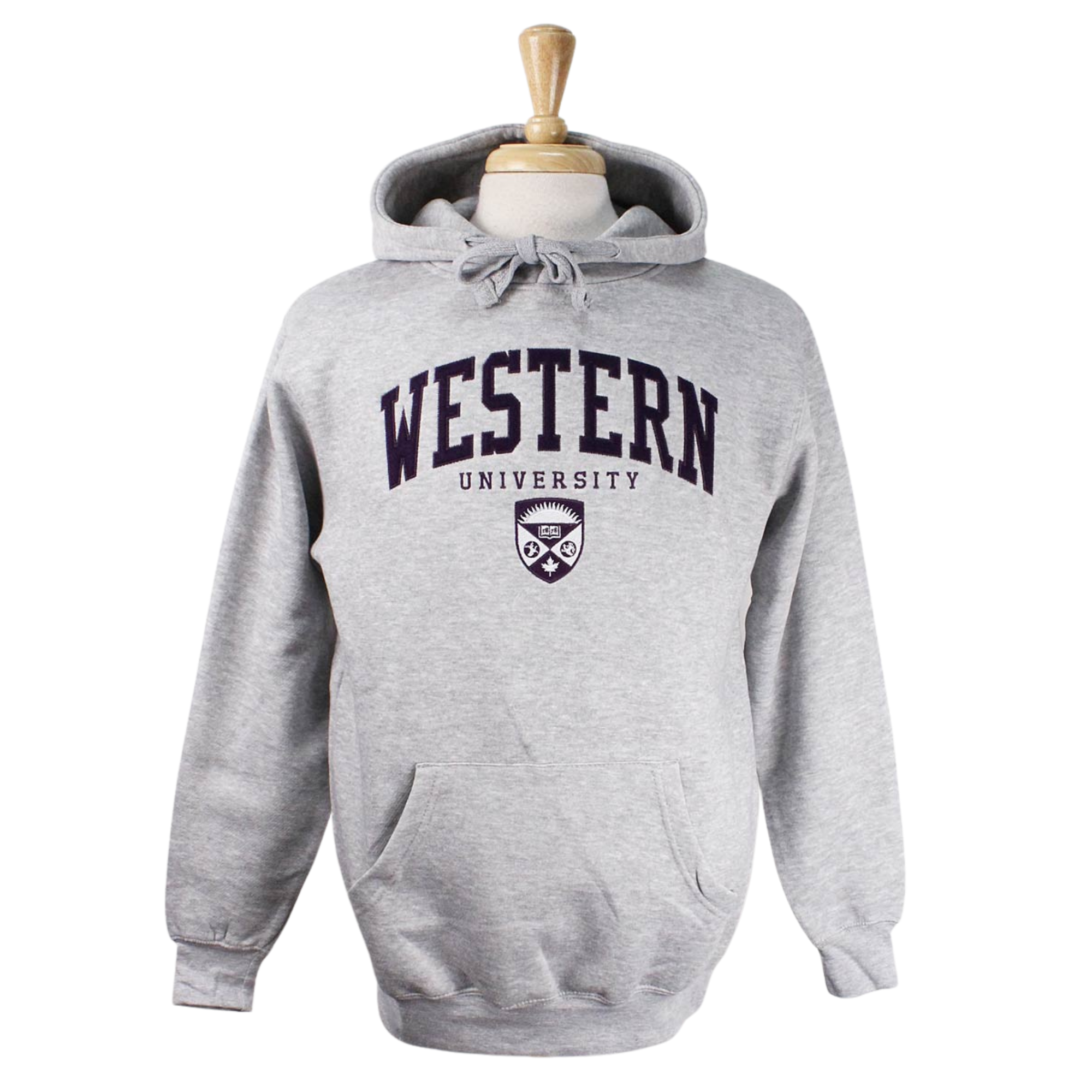 Grey hood with front pocket. 'Western' appliqued font in dark purple felt.  'University' and crest embroidered in white and purple. 