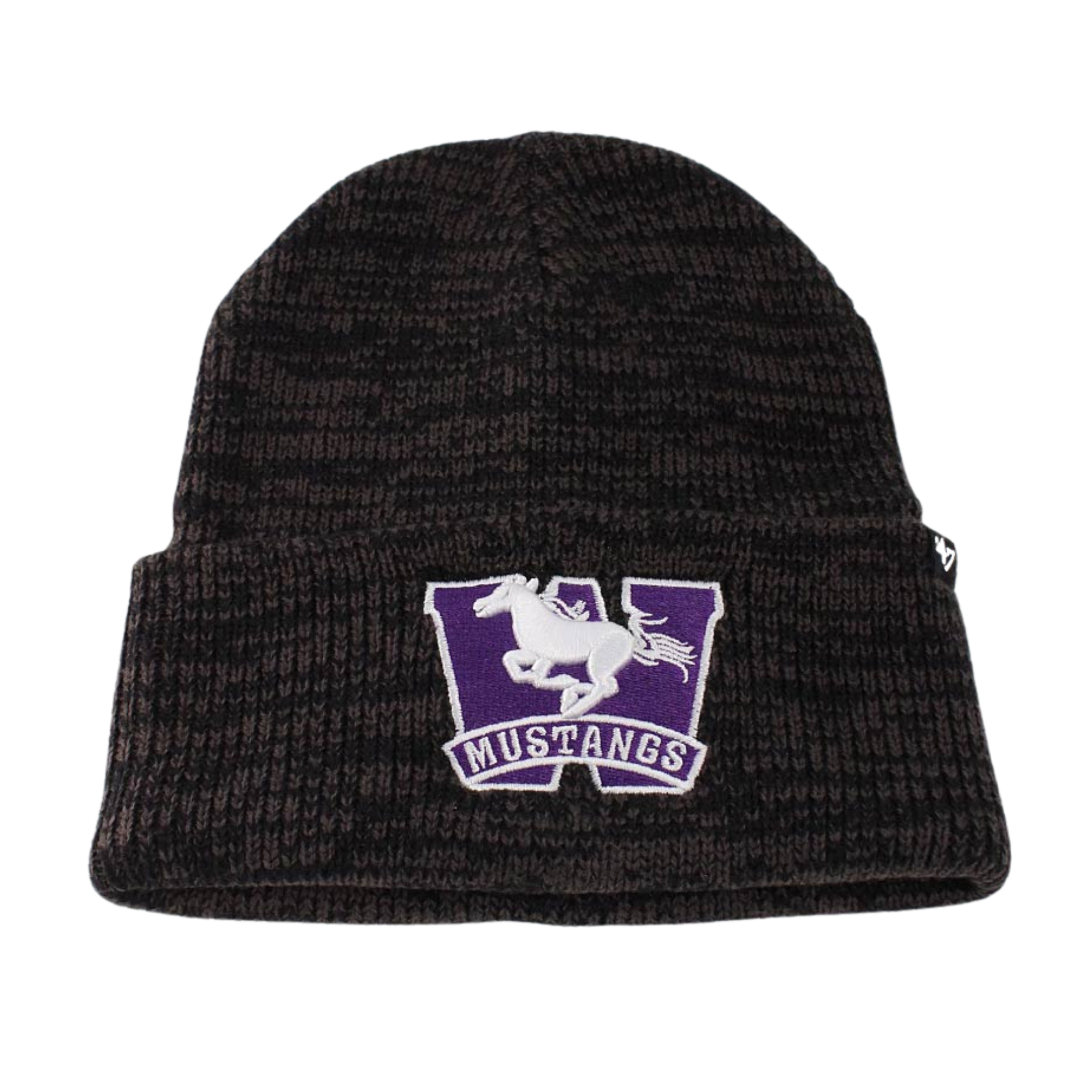 Black heather knit toque with Mustangs logo on front in purple and white. Made with 100% acrylic fabric. One size.