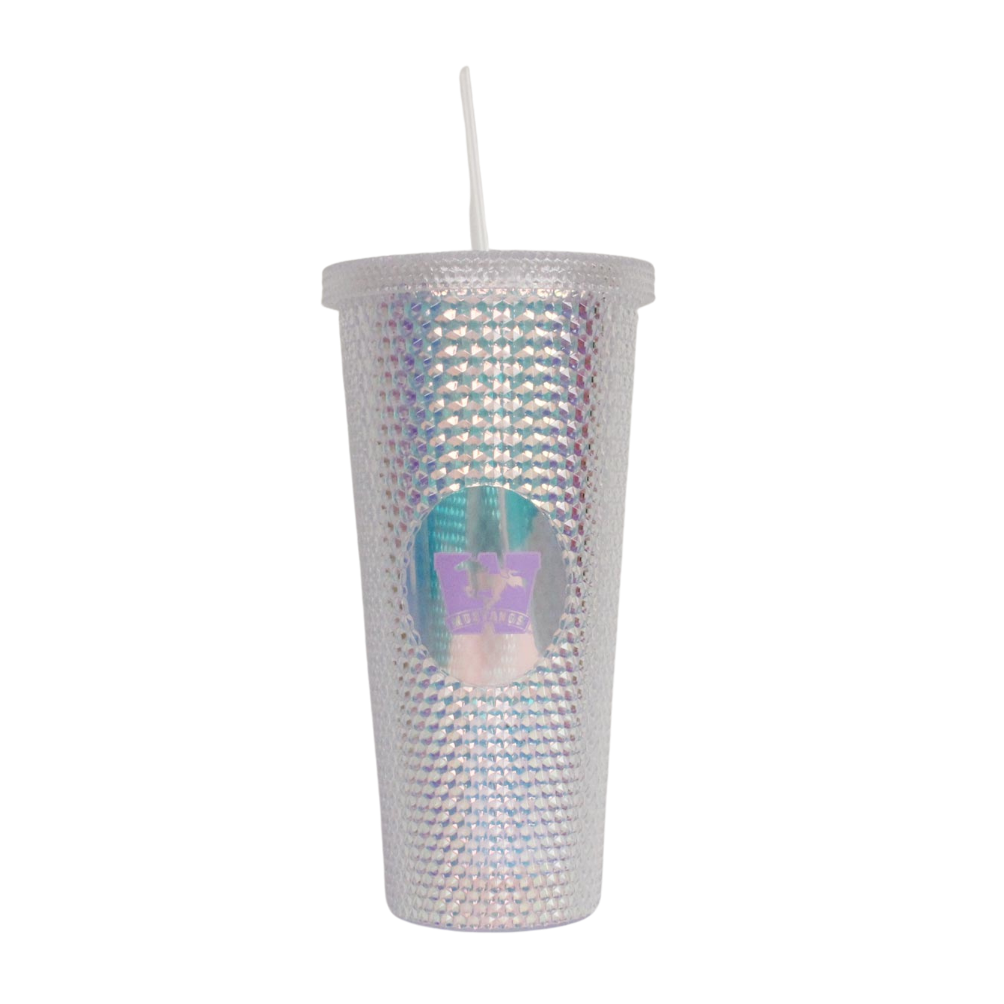 White iridescent textured tumbler with a straw lid. The Mustangs logo is printed on the front. 21 oz capacity.