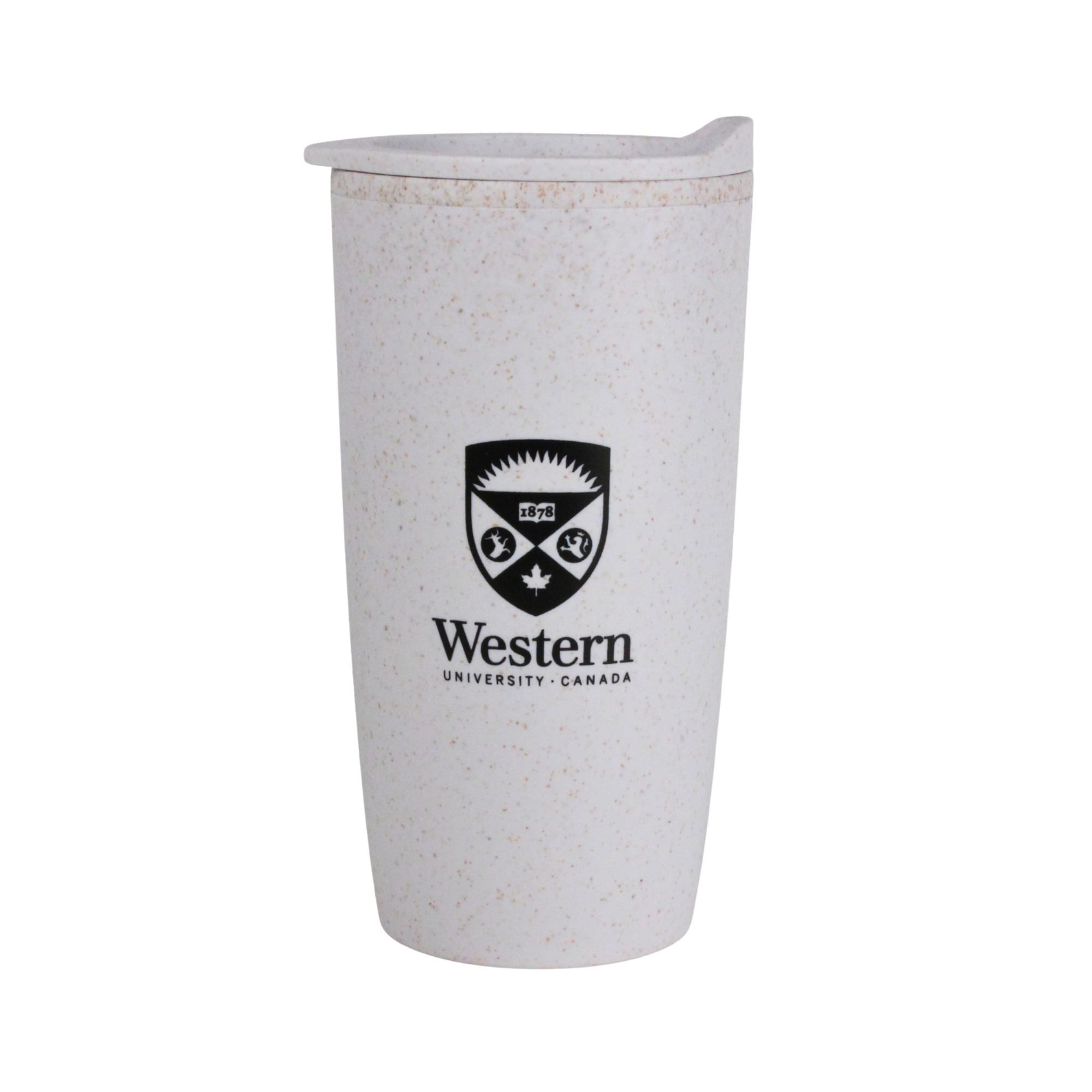 White wheat double wall tumbler with lid. The Western Crest logo is printed on the front in black. 20 oz capacity.