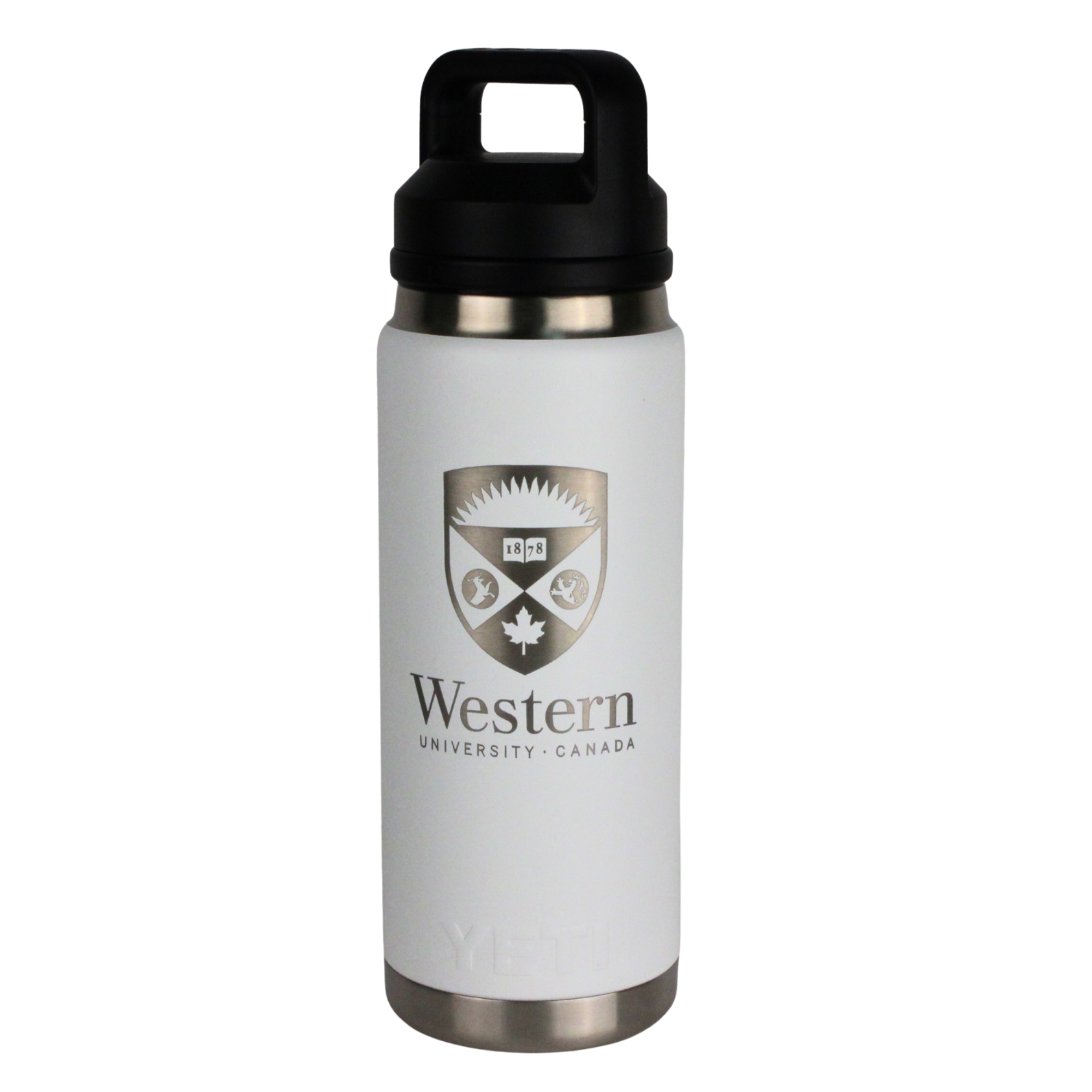 White rambler bottle with chug cap. 769ml capacity. Engraved Western Crest logo on the front.