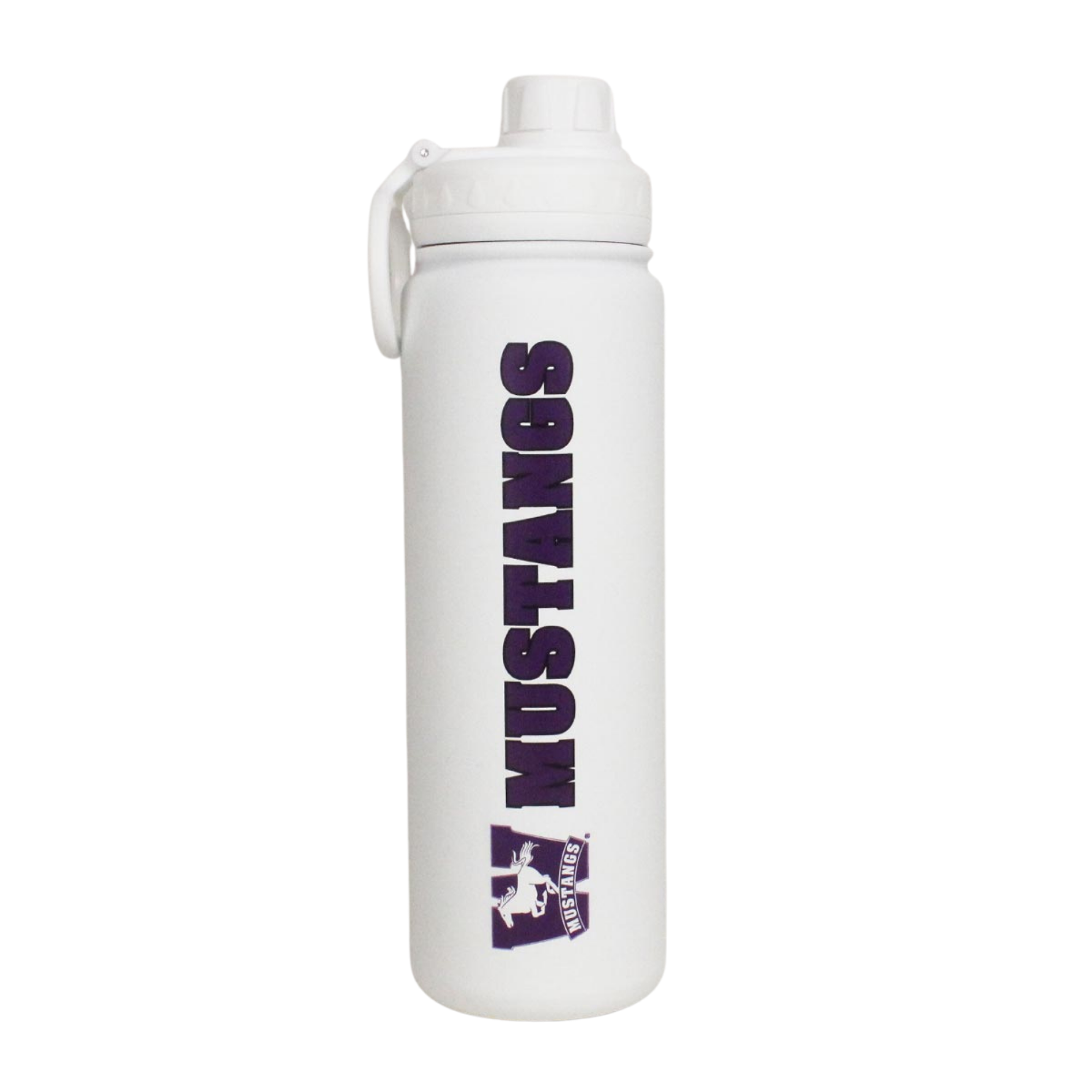 White sport bottle. "Mustangs" and the Mustangs logo are printed on the side. 24 oz capacity.