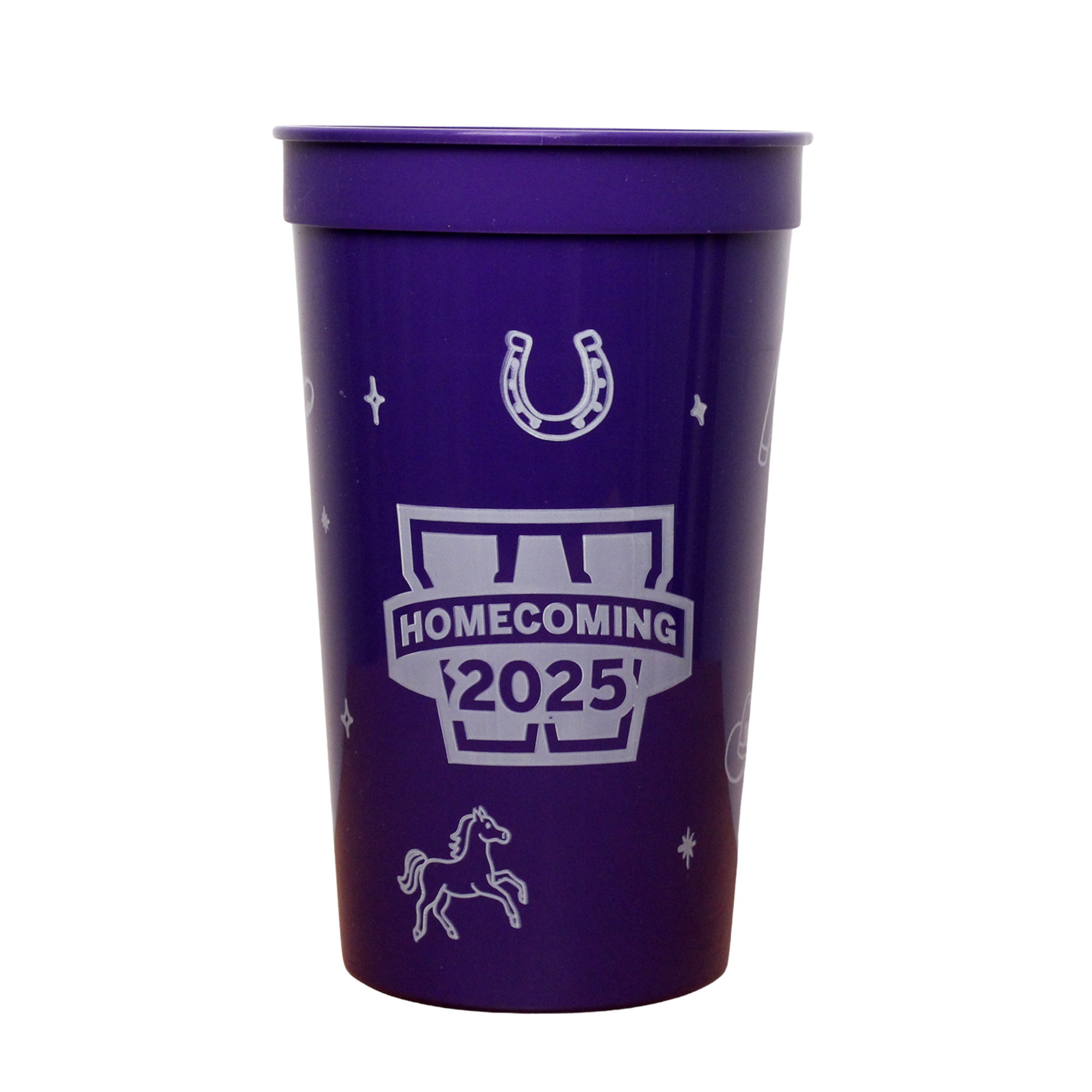Purple homecoming stadium cup with homecoming graphics printed around the cup.