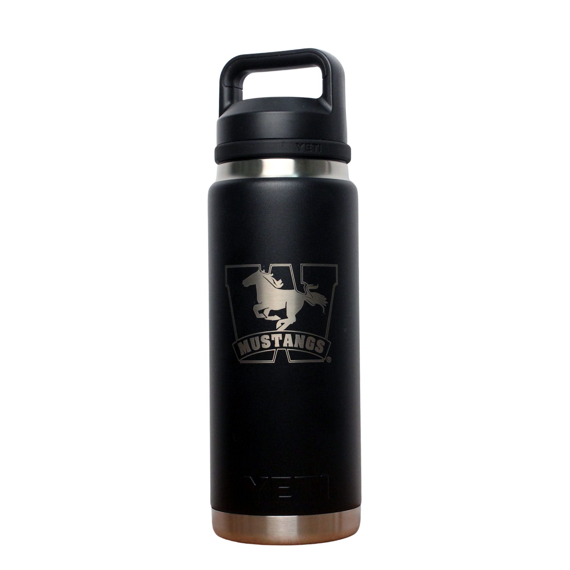 Black rambler with chug cup. The Mustangs logo is engraved on the front. 769 ml capacity.