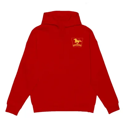 Red hoodie with a gold Mustangs logo on the left chest.