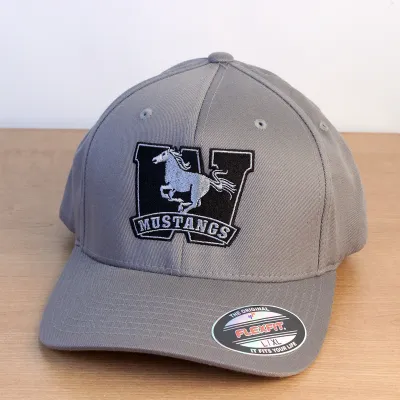 Grey ball cap with a black and white embroidered Mustangs logo on the front.