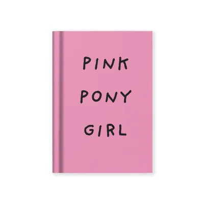 Pink notebook with black text 'pink pony girl'