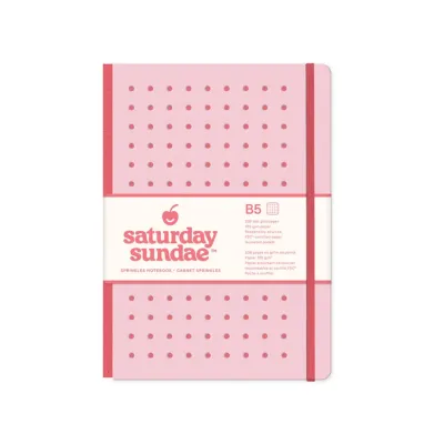 Large bound pink notebook with elastic band