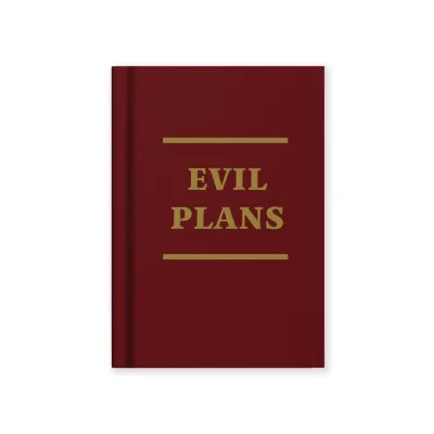 Red notebook with gold text 'evil plans'