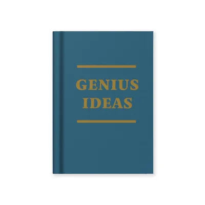 blue notebook with gold text 'genius ideas'